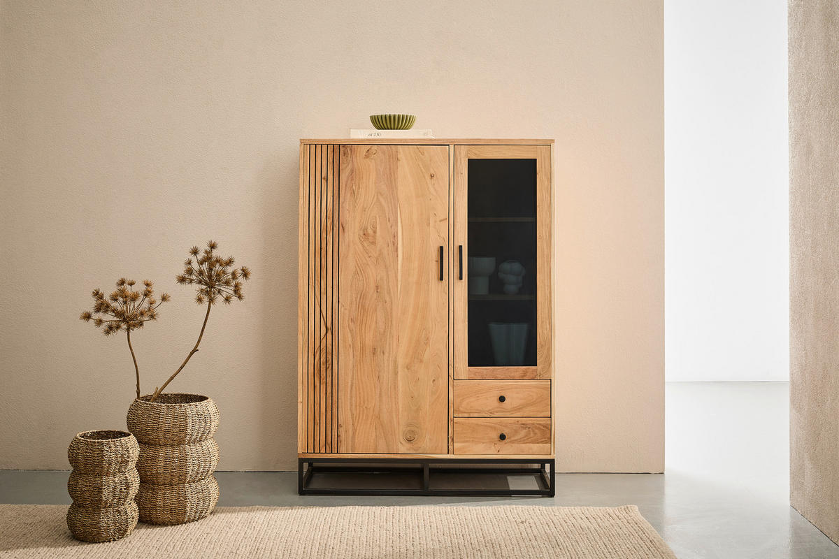 HIGHBOARD  105/146/41,5 cm 2 Schublade(n)  - Schwarz/Naturfarben, Design, Glas/Holz (105/146/41,5cm) - Livetastic