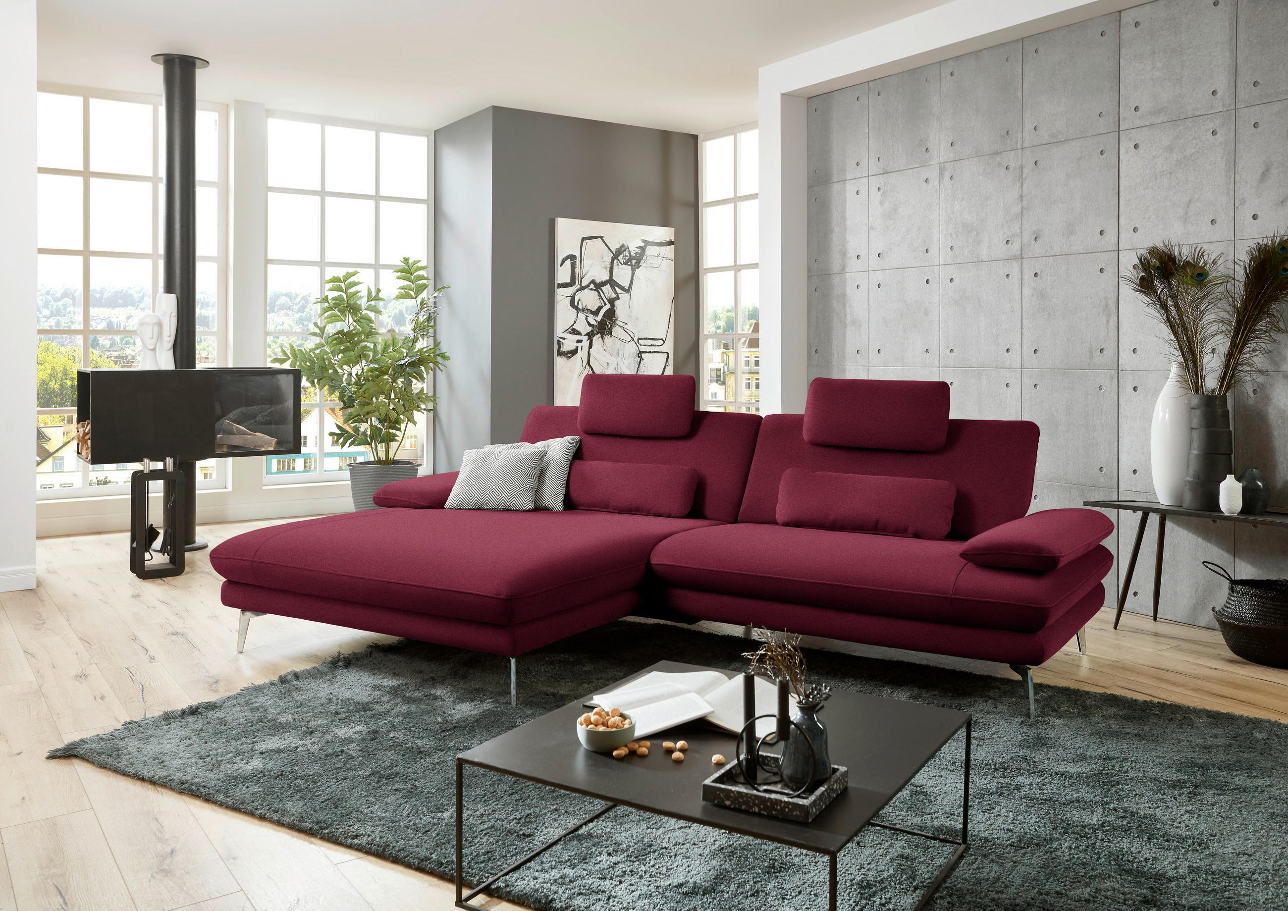 ECKSOFA in Webstoff Rot, Bordeaux  - Bordeaux/Rot, Design, Textil/Metall (184/284cm) - Dieter Knoll