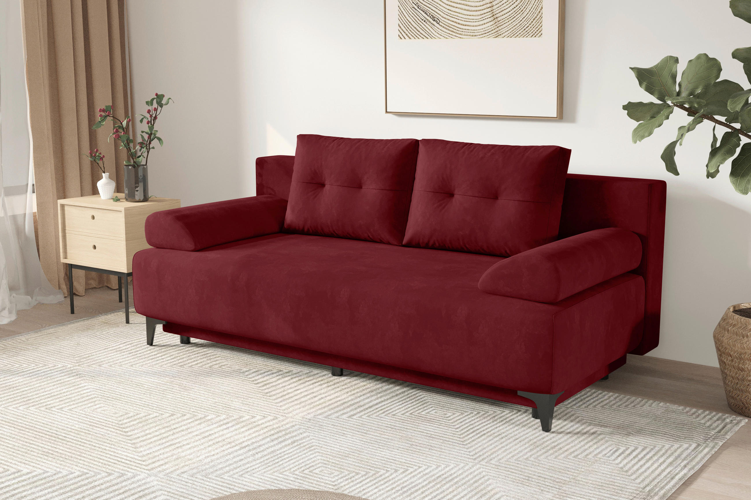 SCHLAFSOFA  mit Liegefunktion Velours Weinrot  - Weinrot/Schwarz, KONVENTIONELL, Textil/Metall (200/98/90cm) - Carryhome