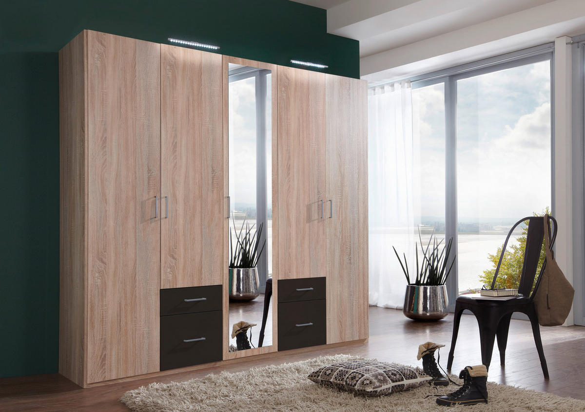 ARMOIRE À PORTES BATTANTES in Graphitfarben, Eichefarben  - Eichefarben/Silberfarben, Design, Glas/Holzwerkstoff (225/210/58cm) - MID.YOU