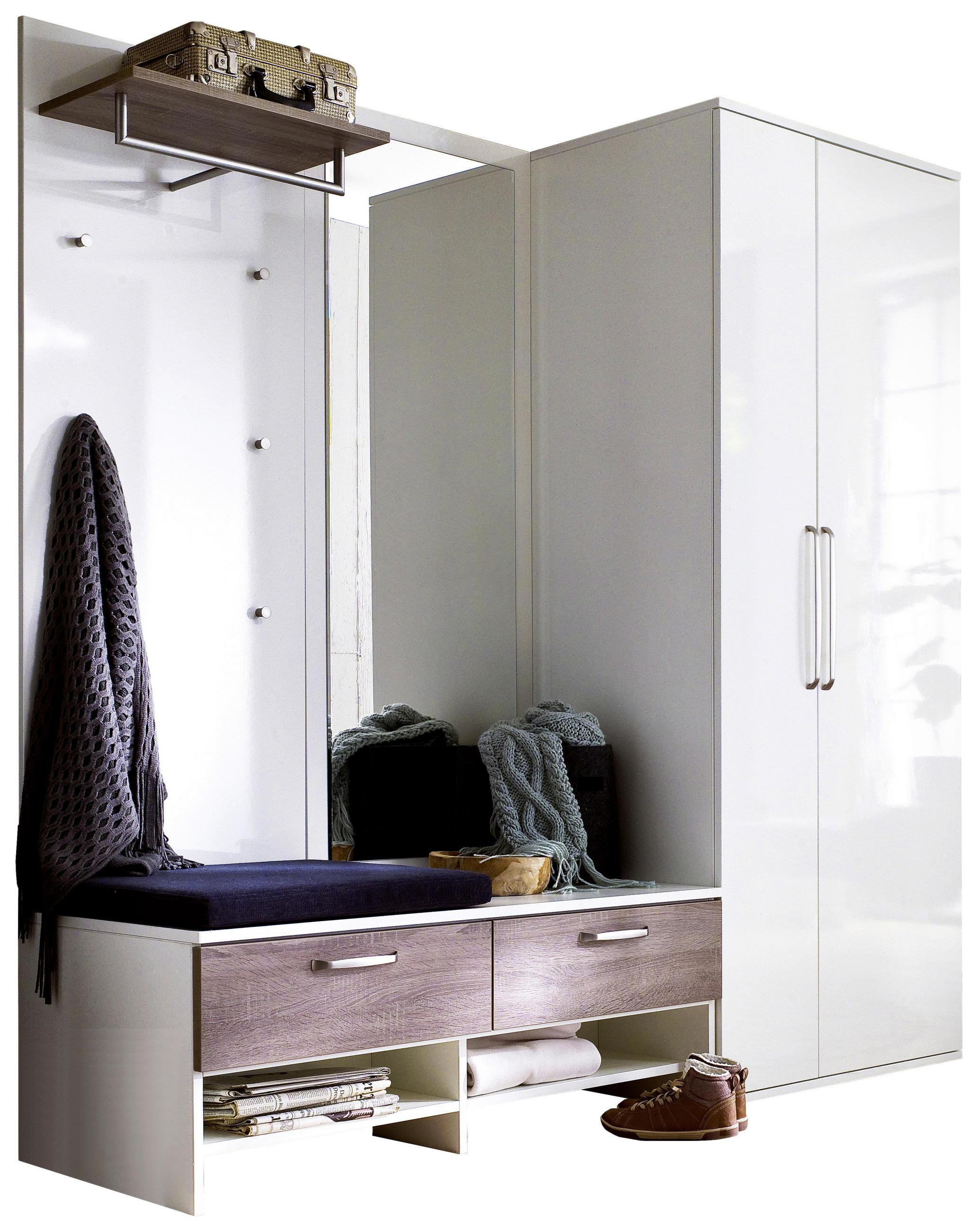 GARDEROBE 5-teilig  in 202/201/56 cm  - Weiss/Eichefarben, Design, Glas/Holzwerkstoff (202/201/56cm) - Moderano