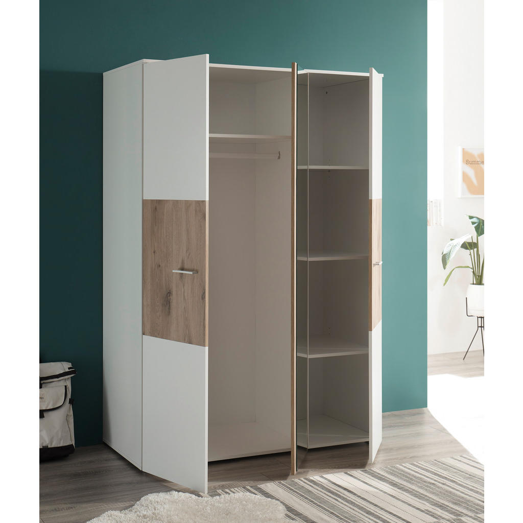 Thumbnail - Mid.you Kleiderschrank, Weiß, Eiche, Kunststoff, 4 Fächer, 135x195x60 cm, Beimöbel erhältlich, Schrankfront mit Spiegel,...