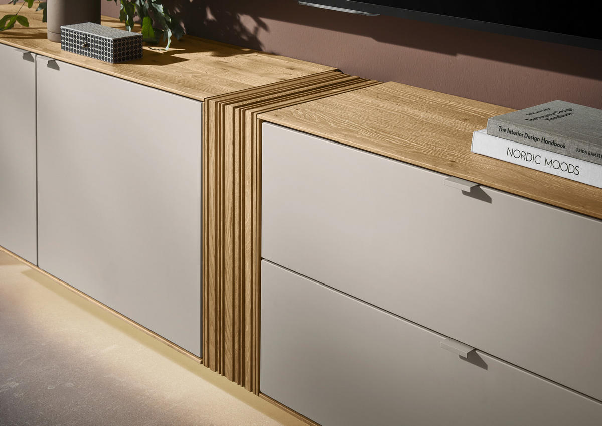 WOHNWAND  in Kaschmir, Wildeiche  333,4/179,3/37,1 cm    - Kaschmir/Wildeiche, Design, Glas/Holz (333,4/179,3/37,1cm) - Dieter Knoll