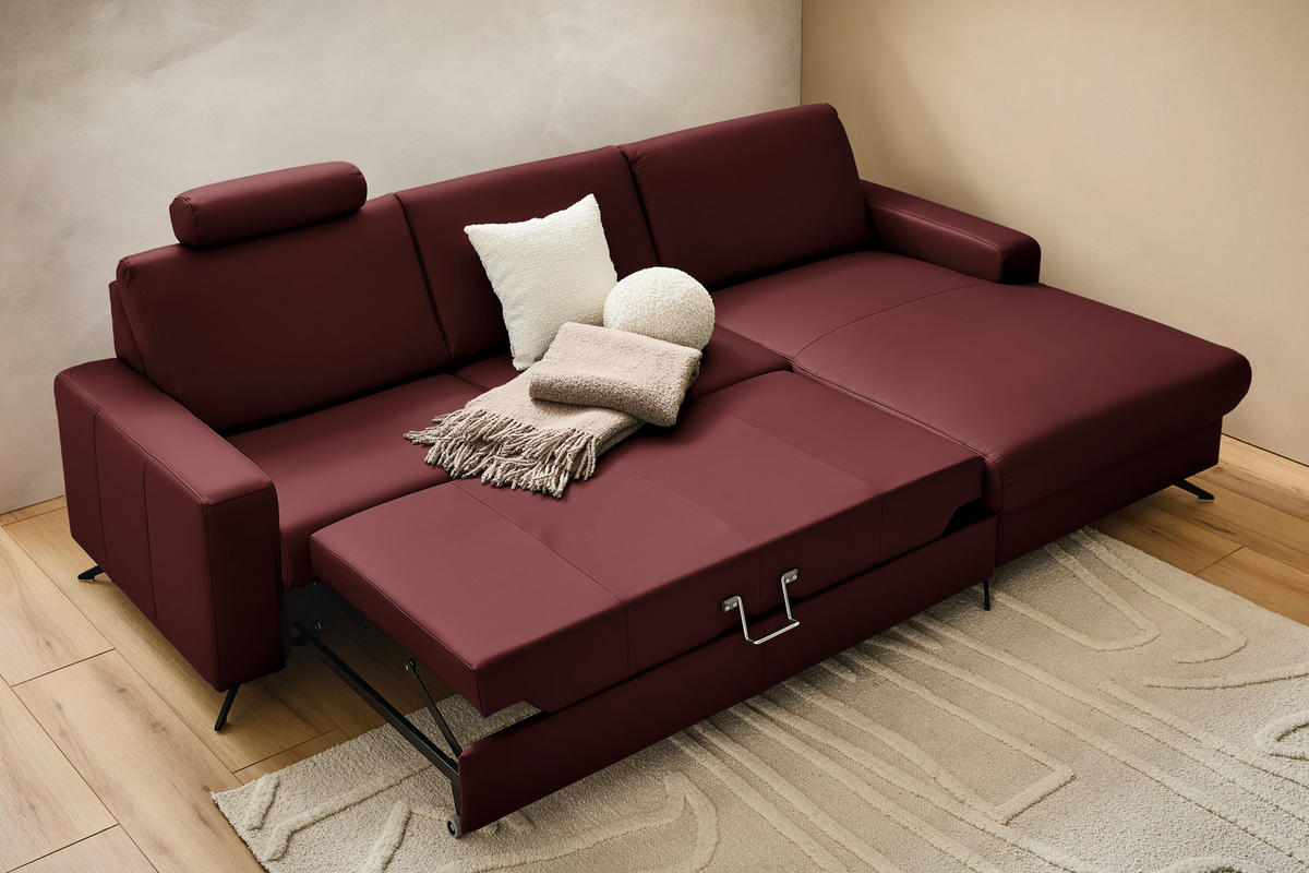 ECKSOFA in Echtleder Brombeere  267/165 cm  - Brombeere/Schwarz, Design, Leder/Metall (267/165cm) - Lomoco