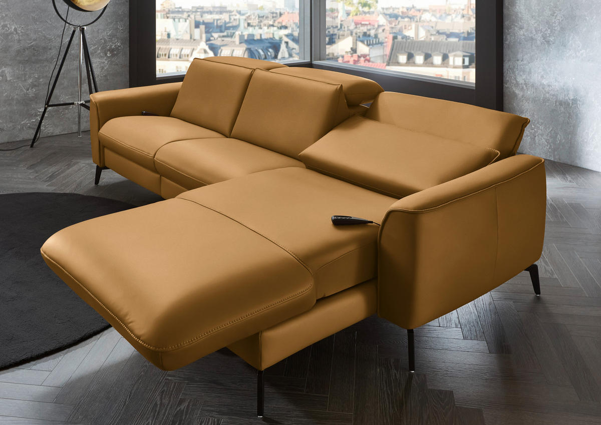 ECKSOFA in Echtleder Currygelb  - Currygelb/Schwarz, Natur, Leder/Metall (281/168cm) - Valdera