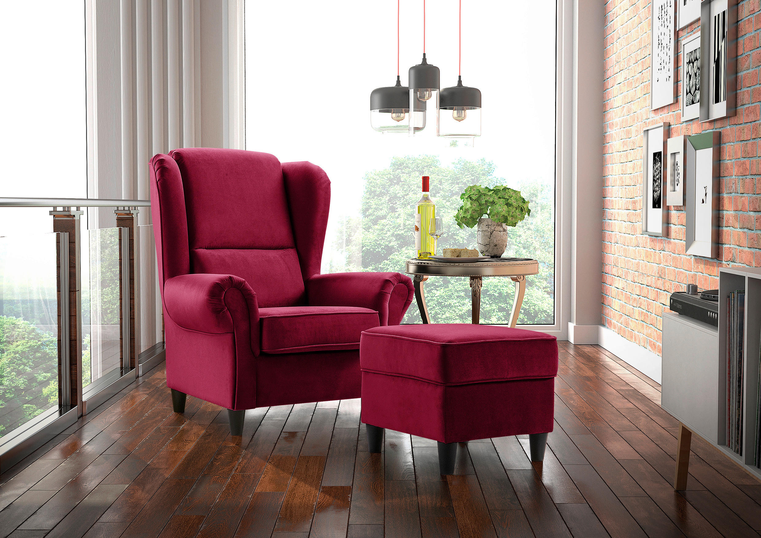 HOCKER Plüsch Bordeaux  - Bordeaux/Schwarz, Design, Holz/Textil (52/45/52cm) - MID.YOU