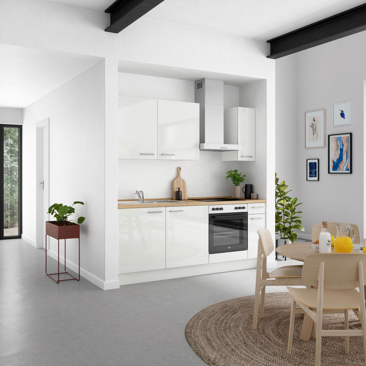 KÜCHENLEERBLOCK 210 cm   in Eichefarben, Weiß Hochglanz  - Edelstahlfarben/Eichefarben, MODERN, Holzwerkstoff/Metall (210cm) - Nobilia