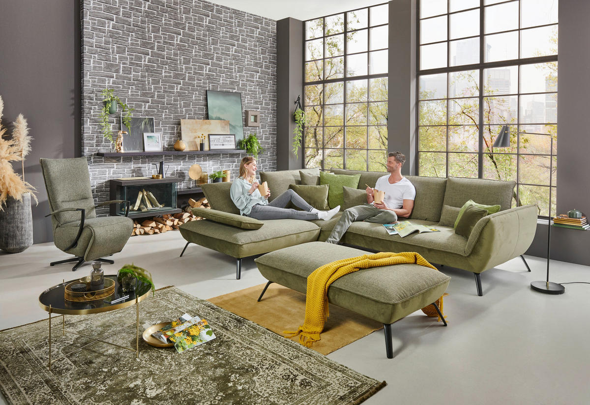ECKSOFA Olivgrün Flachgewebe  - Schwarz/Olivgrün, Design, Textil/Metall (250/310cm) - Moderano
