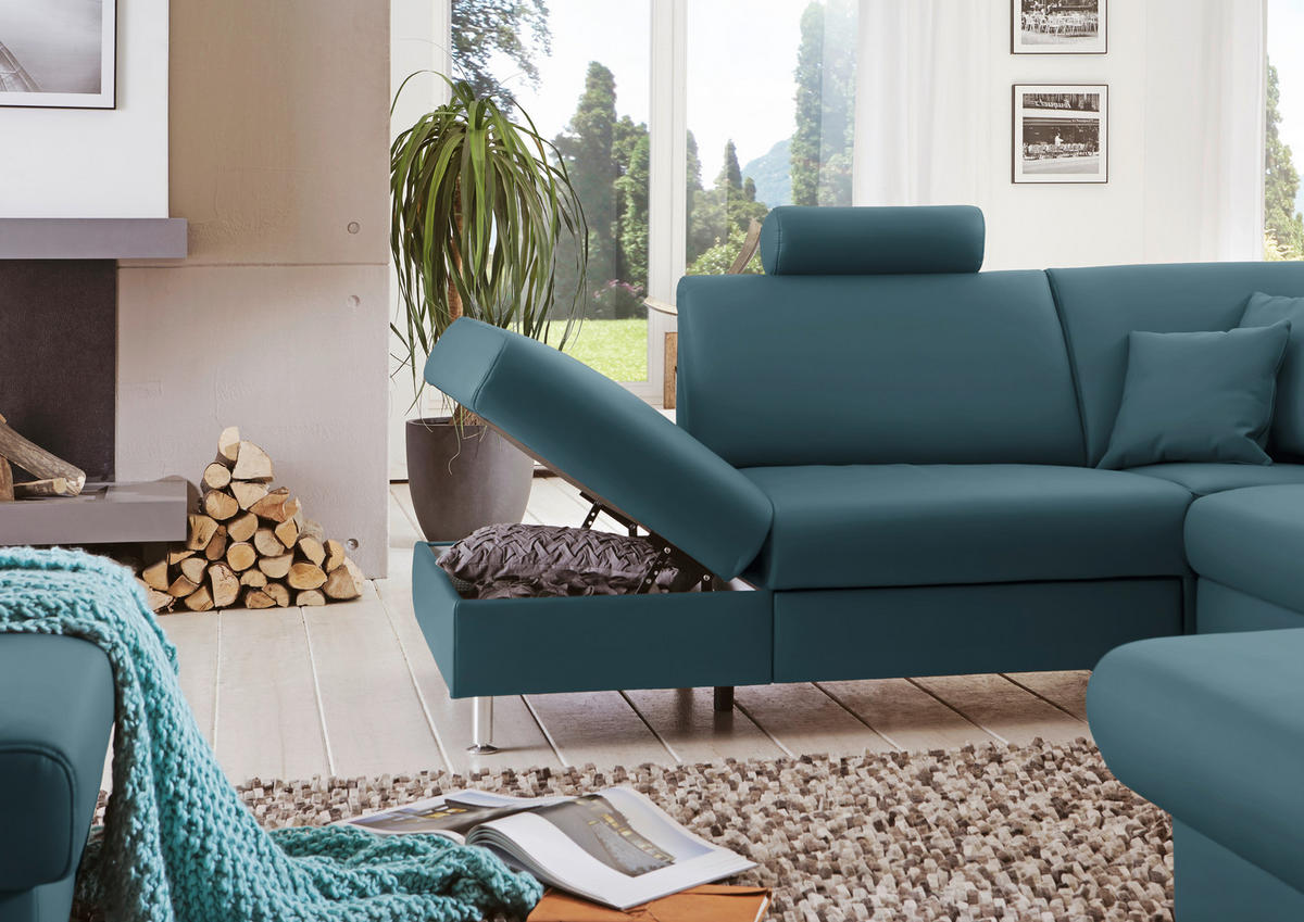 WOHNLANDSCHAFT in Echtleder Blau  - Blau/Alufarben, Design, Leder/Metall (233/339/165cm) - Beldomo Premium