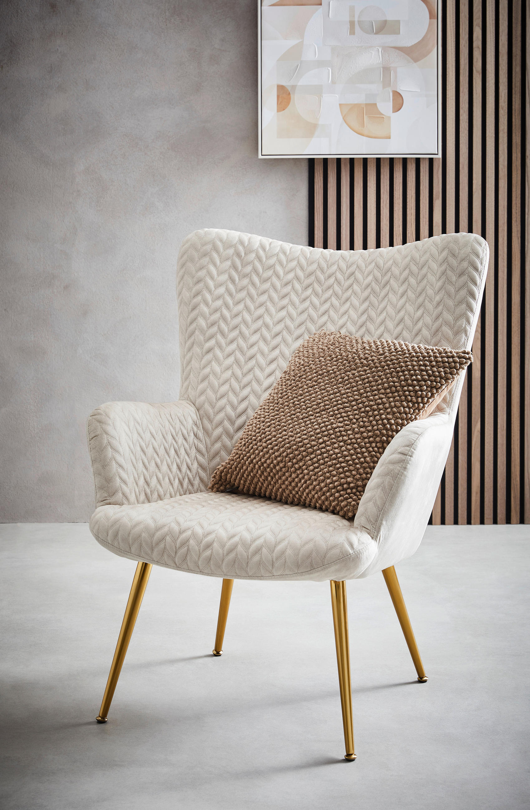 ÖRONLAPPSFÅTÖLJ i vävt tyg beige  - beige/guldfärgad, Design, metall/textil (74/96/83cm) - Ambia Home