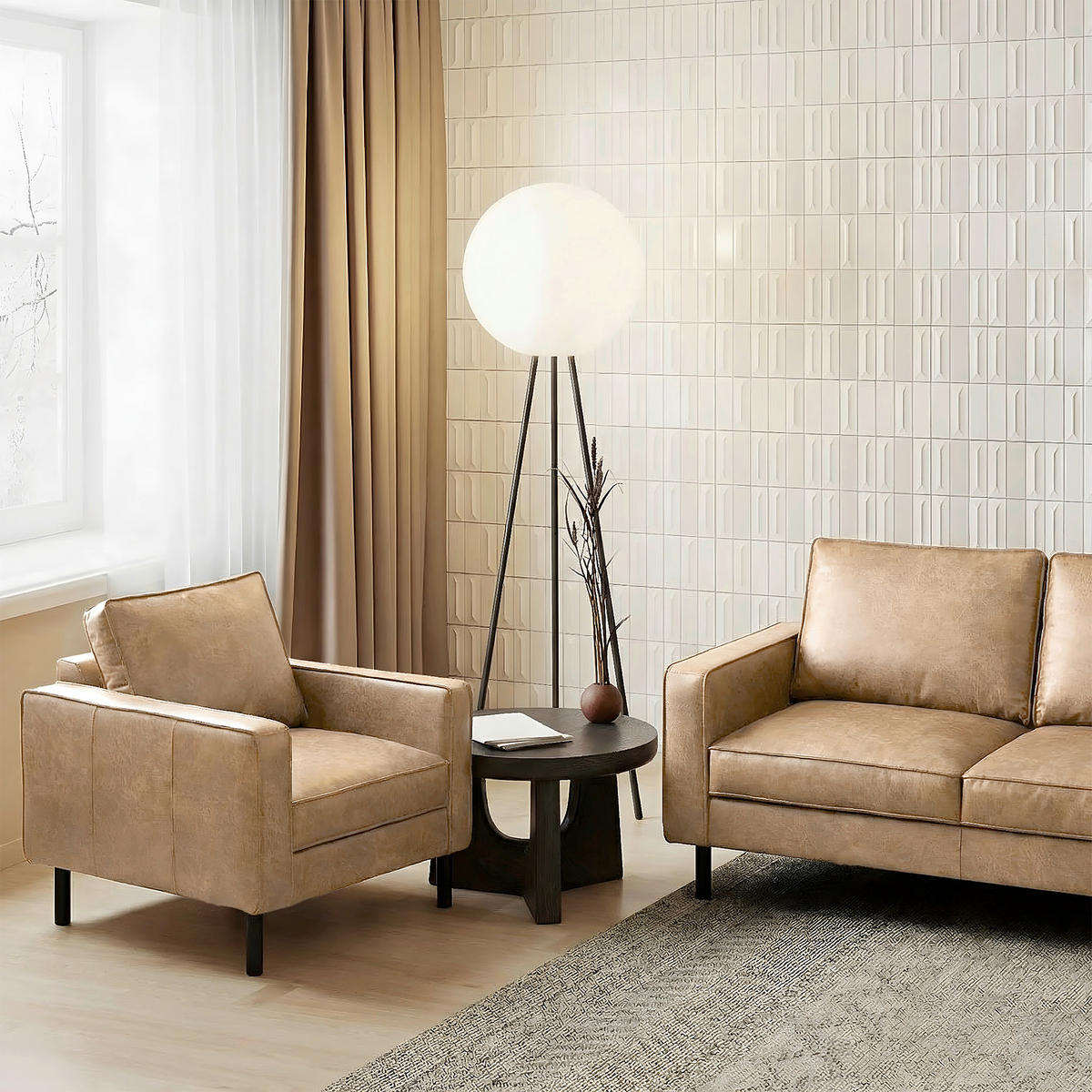 SESSEL in Lederlook Echtleder Sandfarben  - Sandfarben/Schwarz, Design, Leder/Textil (88/85/92cm) - Livetastic