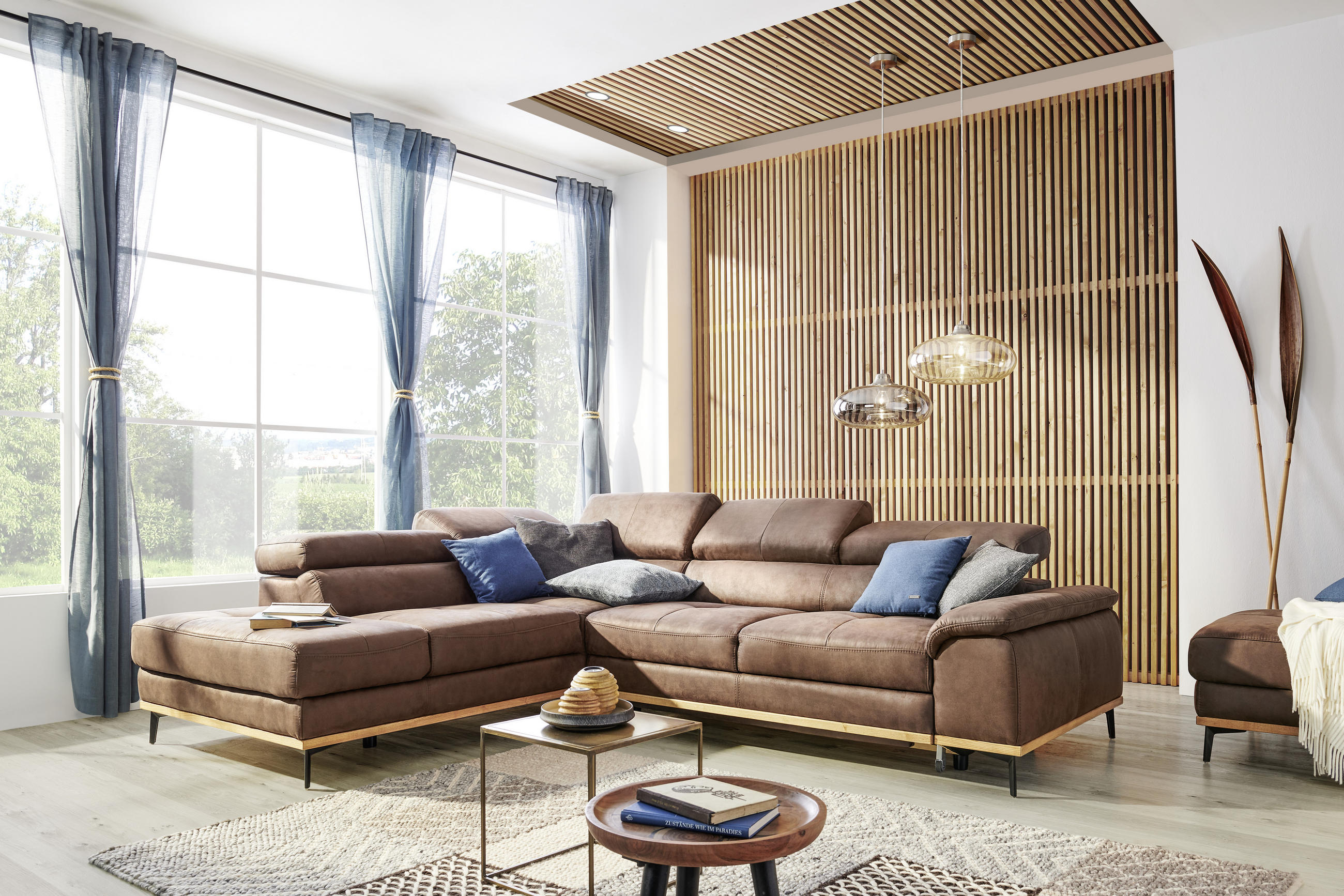 Thumbnail - Novel Ecksofa, Dunkelbraun, Holz, Textil, Eiche, 5-Sitzer, Ottomane links, L-Form, 282x226 cm, Stoffauswahl, seitenverke...