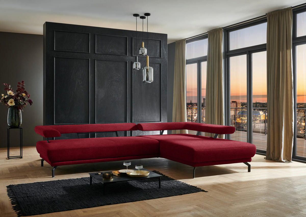 ECKSOFA in Chenille Rot  - Rot/Schwarz, Design, Textil/Metall (305/224cm) - Dieter Knoll