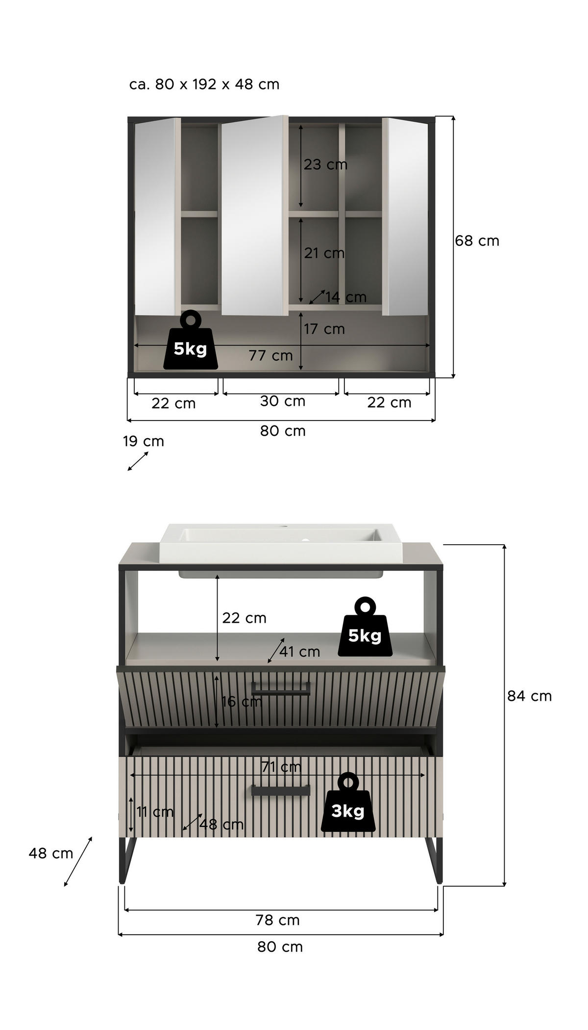 BADEZIMMER 2-teilig  in 80 cm  - Kaschmir/Schwarz, MODERN, Holzwerkstoff/Metall (80cm) - MID.YOU
