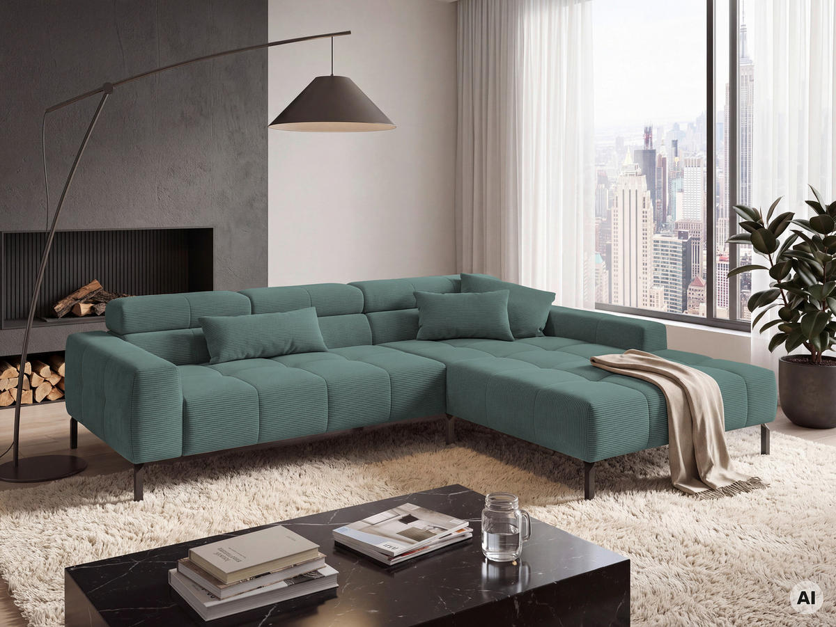 ECKSOFA Grün Feincord Rücken echt, Kopfteilverstellung, Sitztiefenverstellung  - Schwarz/Grün, KONVENTIONELL, Textil/Metall (293/226cm) - Hom`in