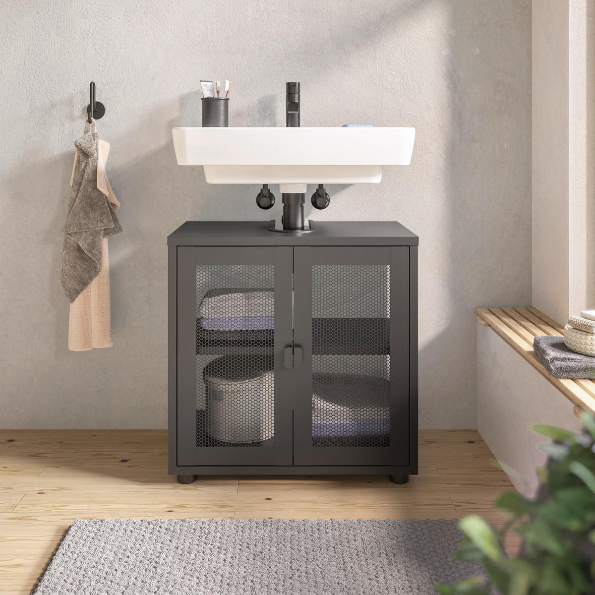 WASCHBECKENUNTERSCHRANK 60/60/33 cm  - Schwarz, Design, Kunststoff/Metall (60/60/33cm) - home24