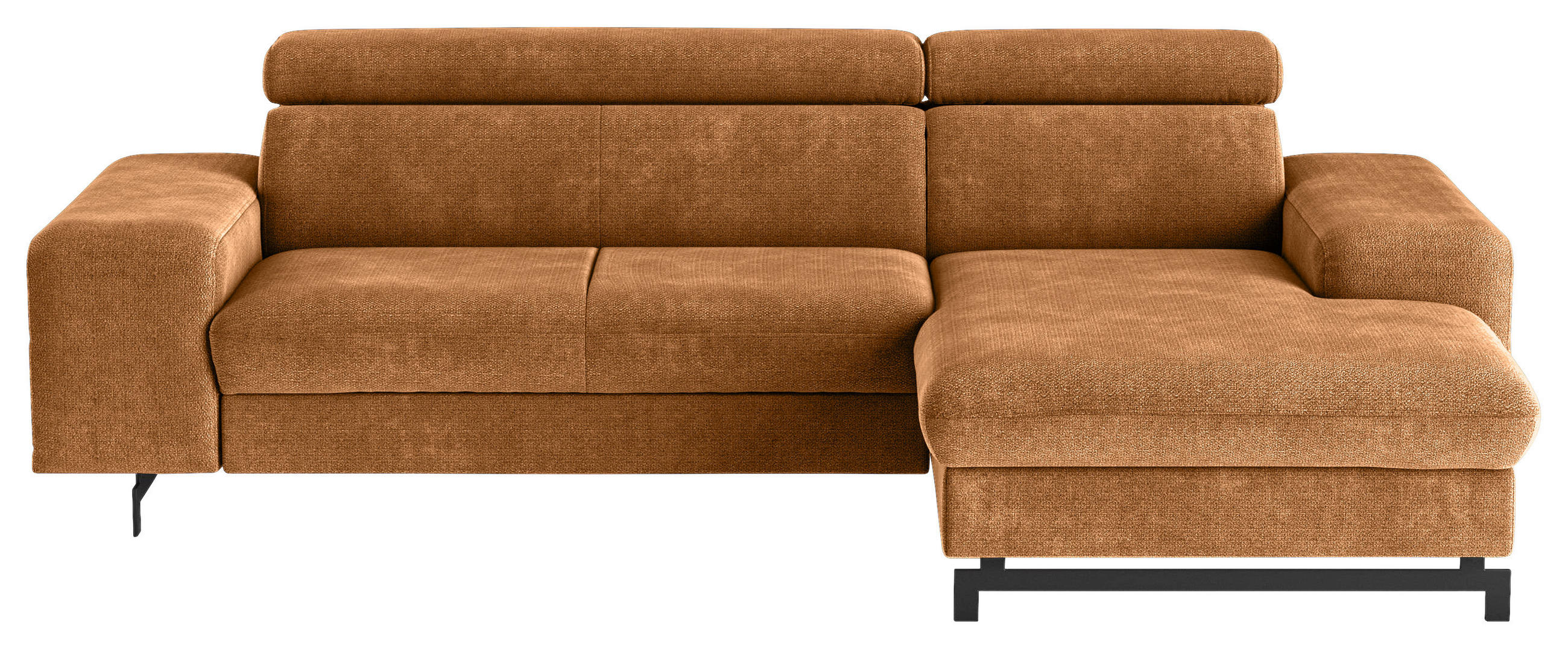 ECKSOFA Cognac Chenille Bettkasten, Schlaffunktion, Rücken echt, Kopfteilverstellung, Stauraum, Kopfstütze  - Cognac/Schwarz, Textil/Metall (267/165cm) - MID.YOU