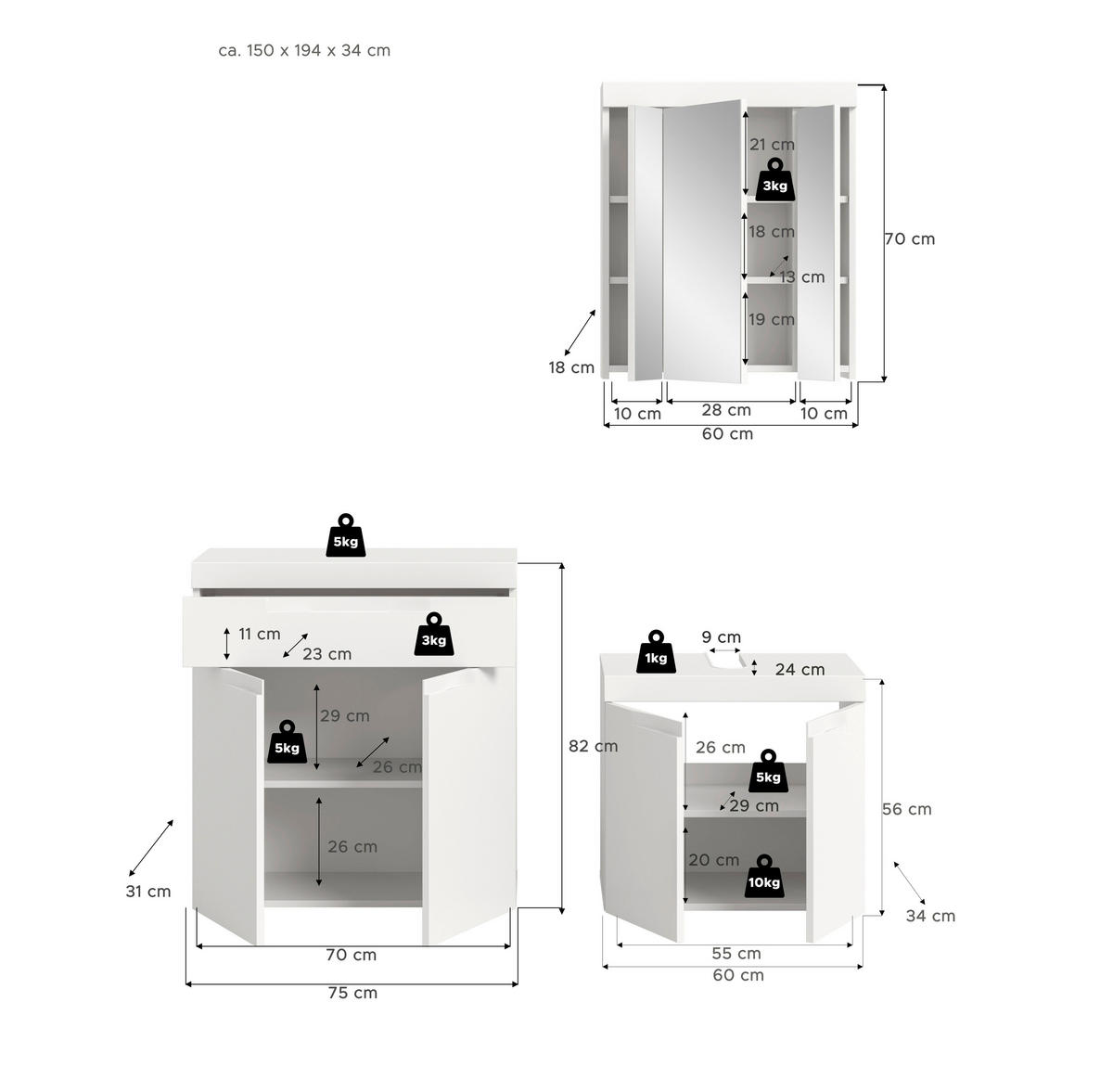 BADRUM 150 cm  - vit/svart, Trend, trämaterial/glas (150cm) - MID.YOU