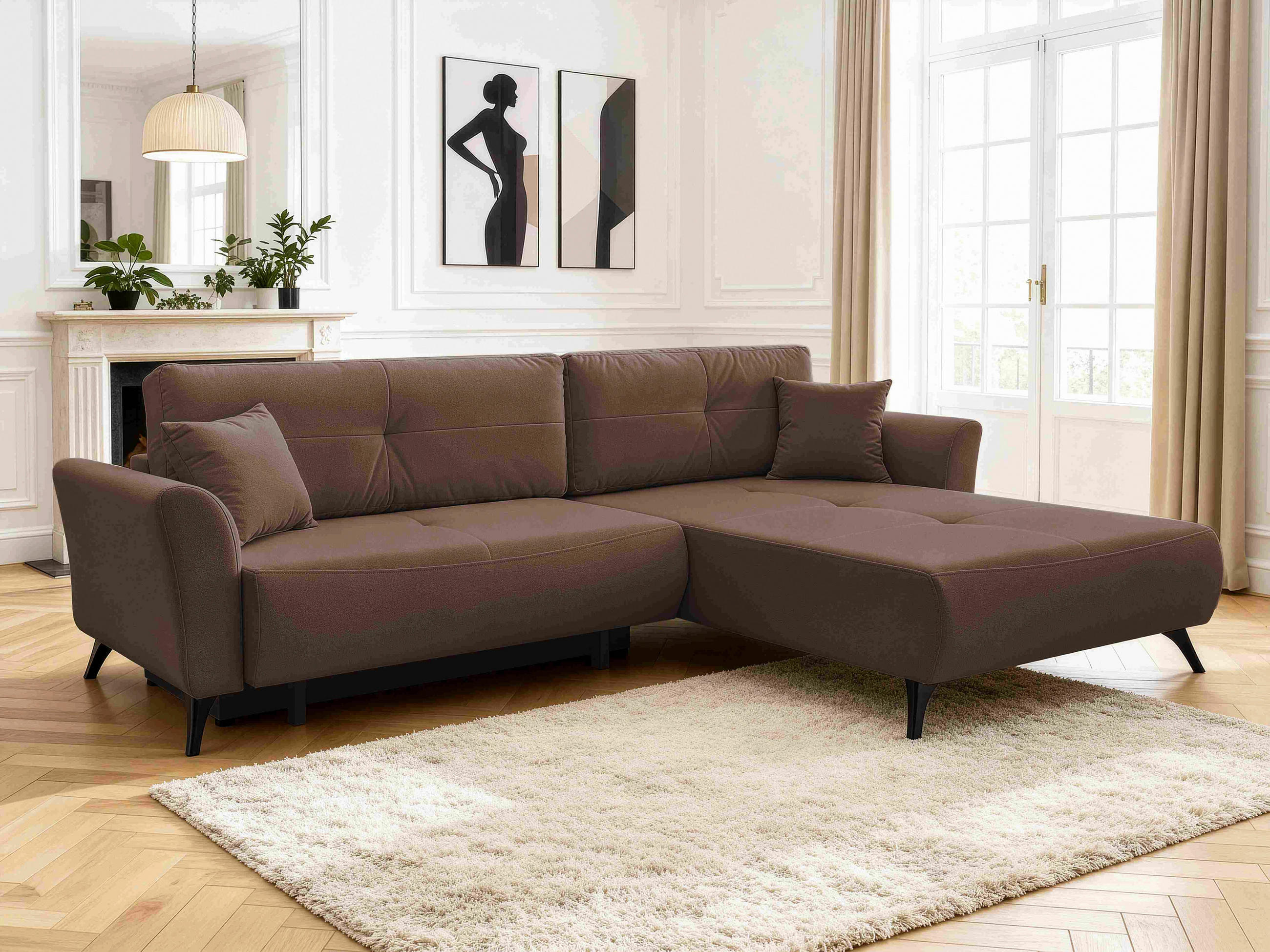 ECKSOFA GEMMA Dunkelbraun Flachgewebe Zierkissen, Rückenkissen, Bettkasten, Schlaffunktion, Rücken echt, Stauraum  - Dunkelbraun/Schwarz, Design, Textil/Metall (270/183cm) - P & B