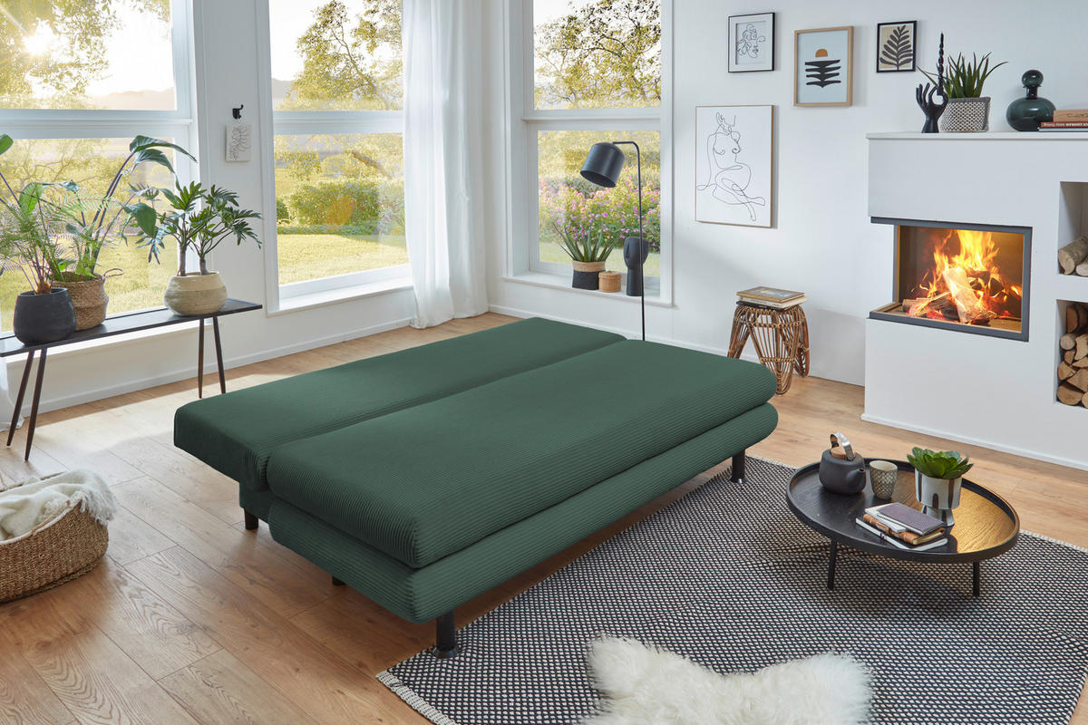 SCHLAFSOFA Cord Grün  inkl. Rückenkissen, Armlehnenkissen, Bettkasten, Schlaffunktion, Rücken echt, Liegefläche im Originalstoff  - Schwarz/Grün, KONVENTIONELL, Kunststoff/Textil (196/77/92cm) - Carryhome
