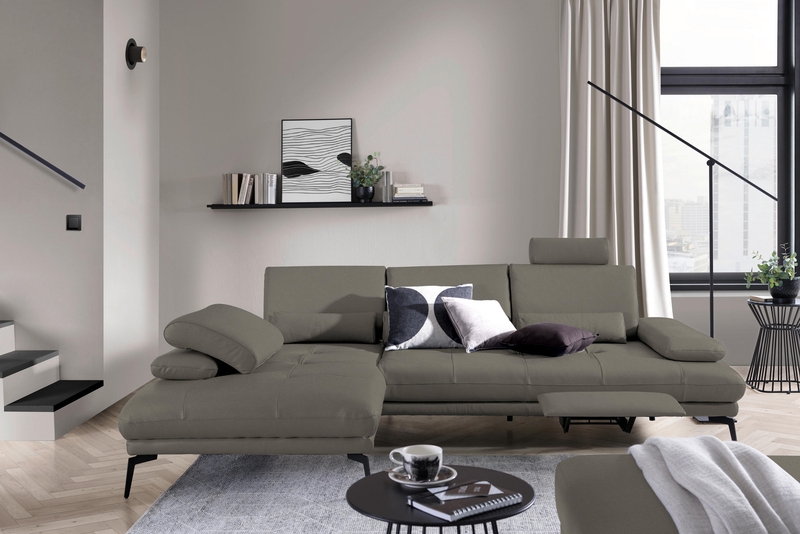 ECKSOFA in Echtleder Graubraun  - Graubraun/Schwarz, Design, Leder/Metall (187/273cm) - Celina Home