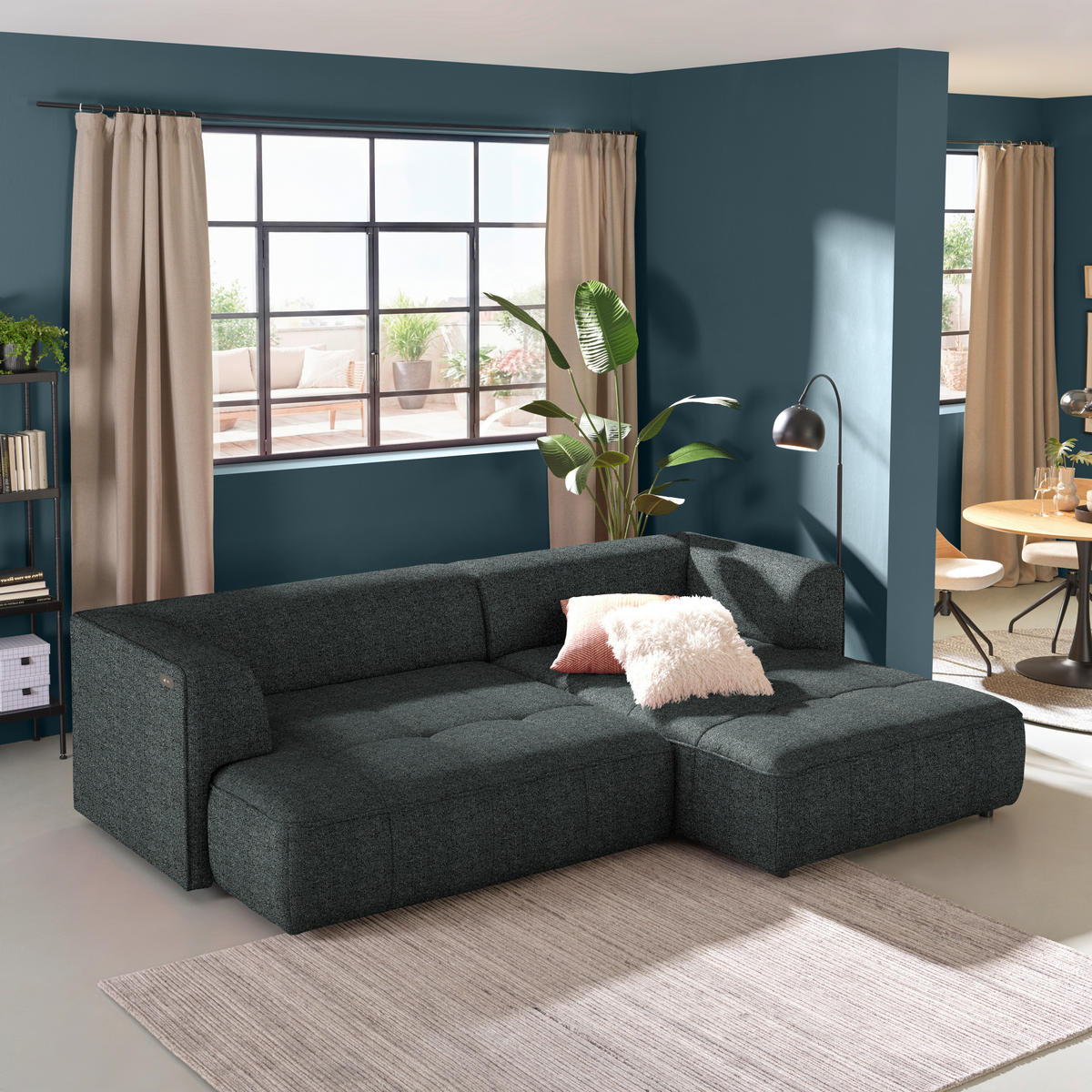 ECKSOFA Webstoff Dunkelgrau  - Dunkelgrau/Schwarz, Design, Kunststoff/Textil (288/188cm) - Welnova