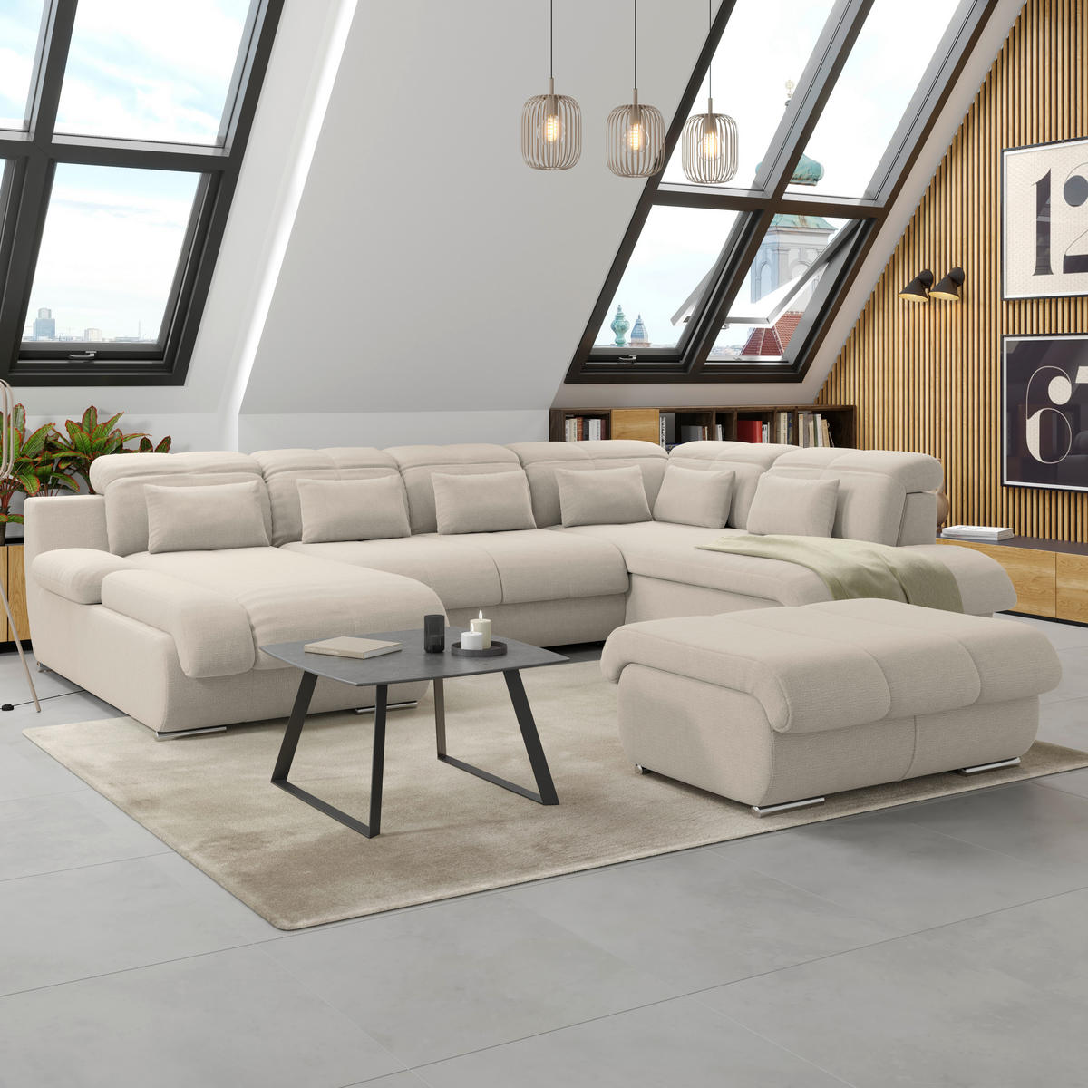 WOHNLANDSCHAFT MULTI Naturfarben Chenille  - Chromfarben/Naturfarben, MODERN, Textil/Metall (184/345/228cm) - Livetastic