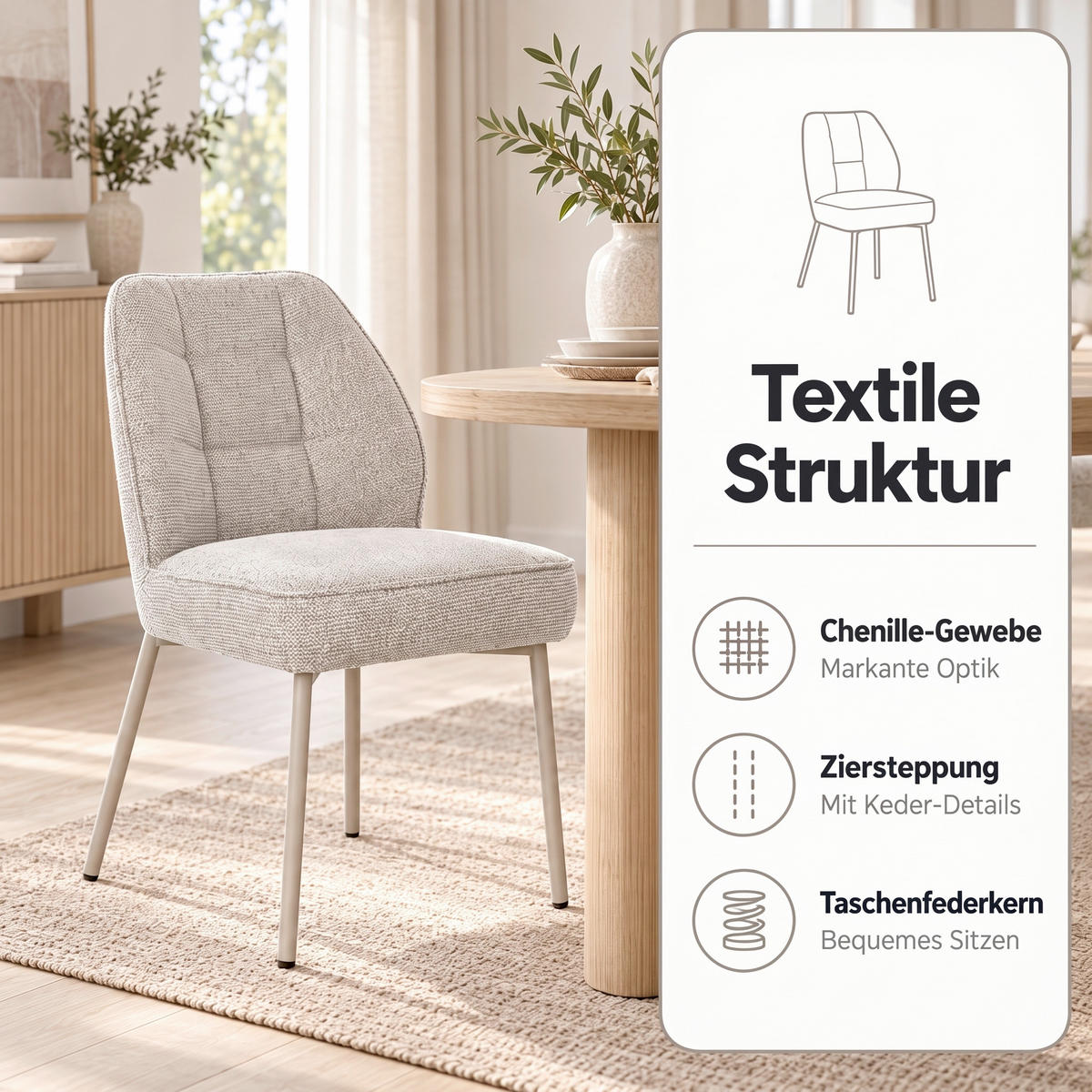 STUHL-SET 2 Stück  Chenille  Beige  - Beige, MODERN, Textil/Metall (48/84/62cm) - MID.YOU