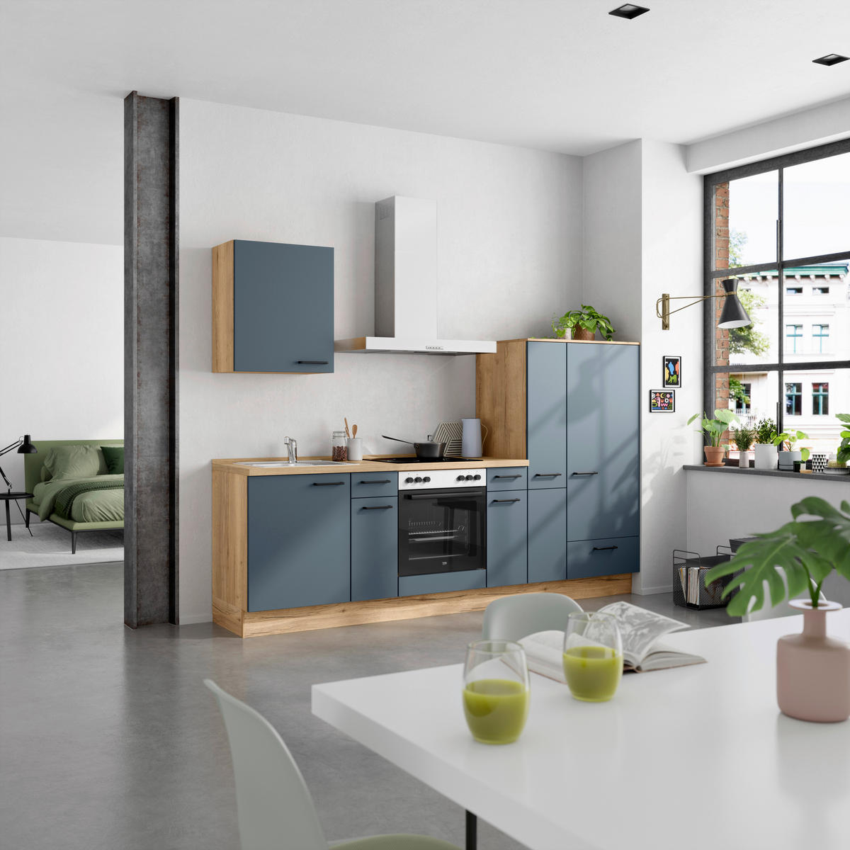 KÜCHENBLOCK Easytouch 270 cm  in Blau, Eichefarben  - Blau/Eichefarben, MODERN, Holzwerkstoff/Metall (270cm) - Nobilia