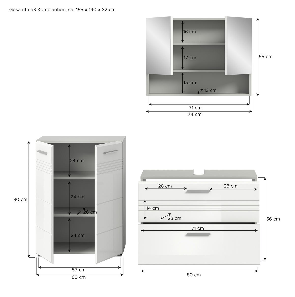 BADEZIMMER 3-teilig  in 140 cm  - Chromfarben/Weiß Hochglanz, MODERN, Holzwerkstoff/Kunststoff (140cm) - MID.YOU