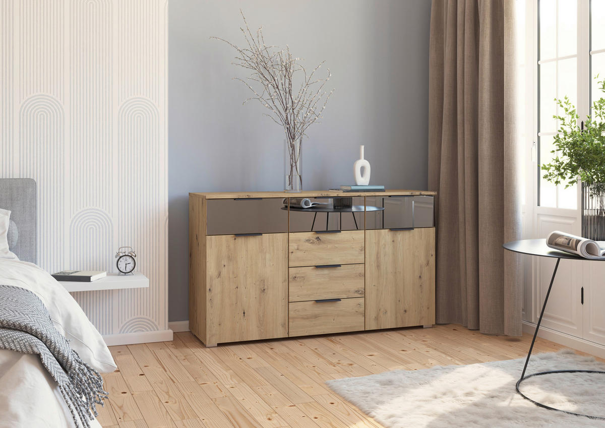 SIDEBOARD 140/81/42 cm  in Eiche Artisan  - Alufarben/Eiche Artisan, Modern, Glas/Holzwerkstoff (140/81/42cm) - Rauch Möbel