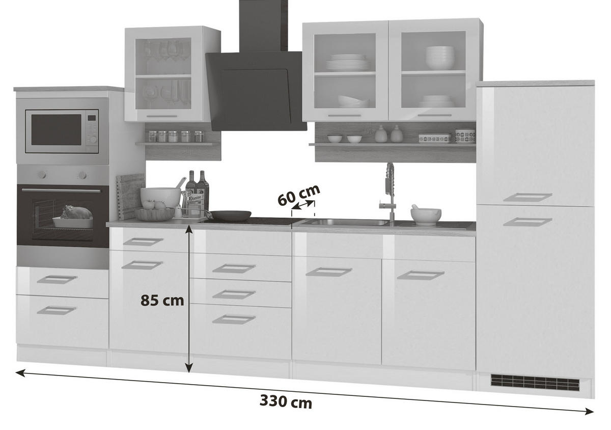 KÜCHENBLOCK 330 cm   in Anthrazit, Eichefarben, Anthrazit Hochglanz  - Chromfarben/Eichefarben, MODERN, Holzwerkstoff/Metall (330cm) - Held