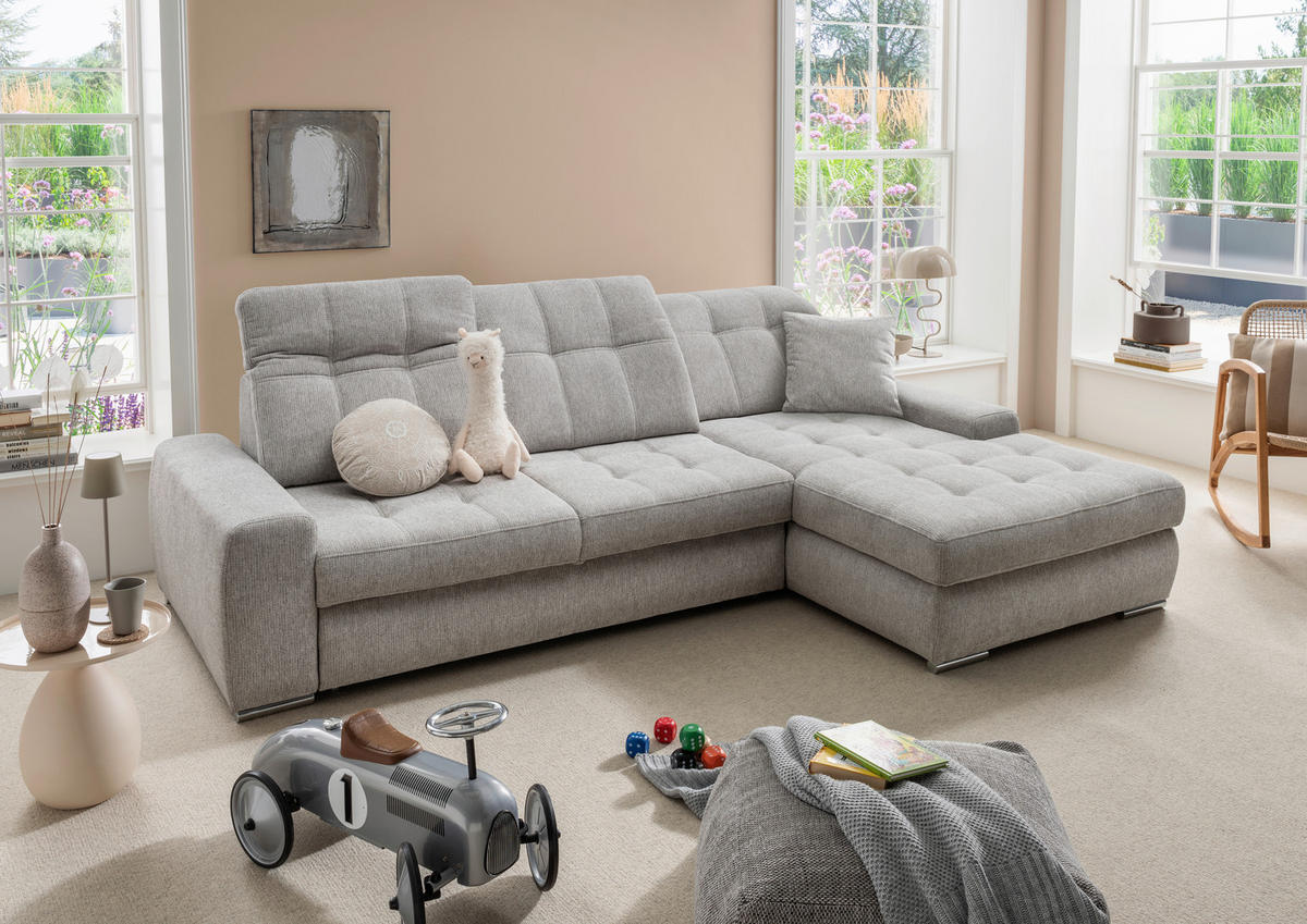 ECKSOFA Chenille Grau  - Chromfarben/Grau, Konventionell, Textil/Metall (283/186cm) - Livetastic