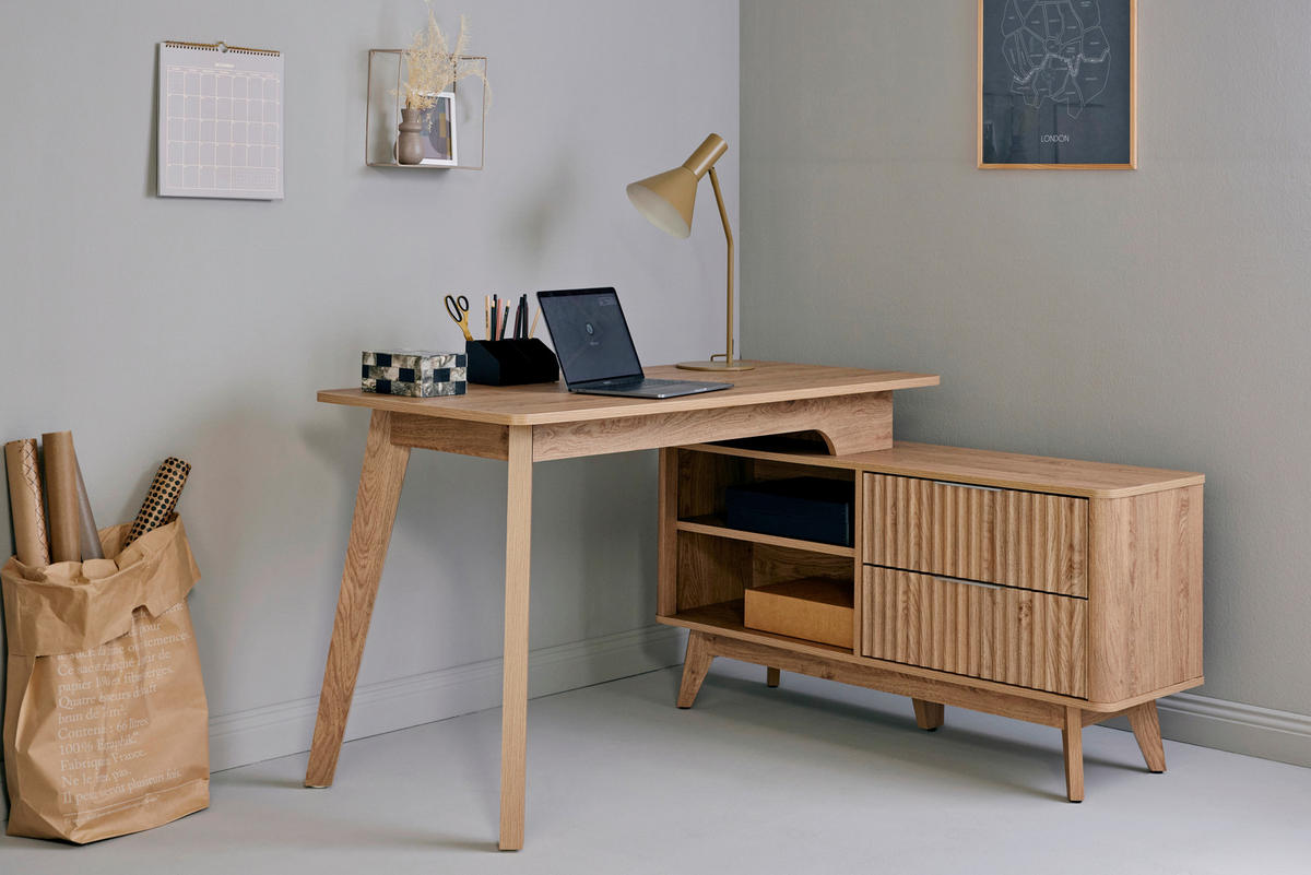 ECKSCHREIBTISCH 148/120/76,20 cm  in Eichefarben  - Eichefarben/Silberfarben, MODERN, Holzwerkstoff/Metall (148/120/76,20cm) - Livetastic