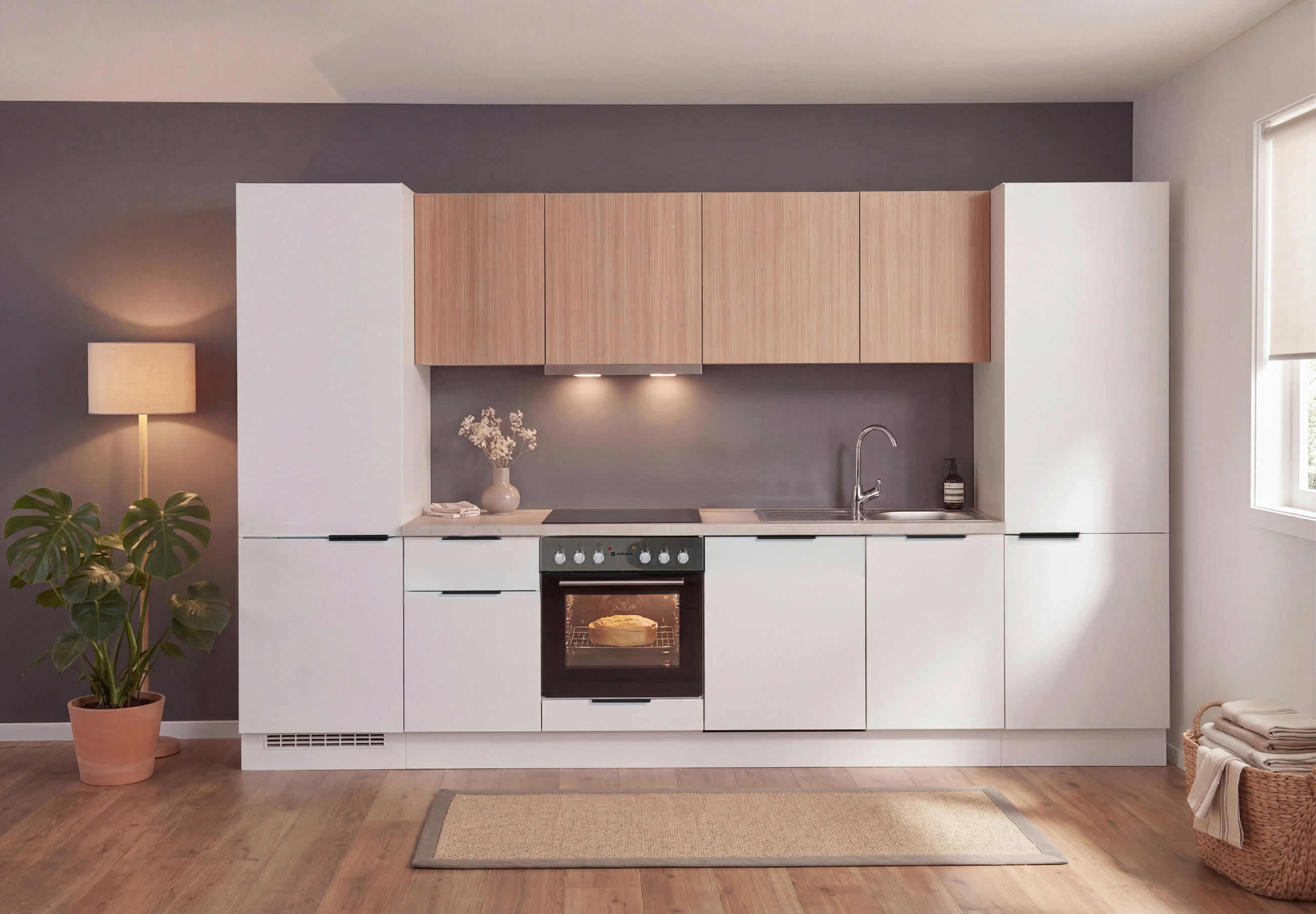 KÜCHENLEERBLOCK 340 cm  in Weiß, Eichefarben  - Eichefarben/Beige, Design, Holzwerkstoff/Metall (340cm) - P & B