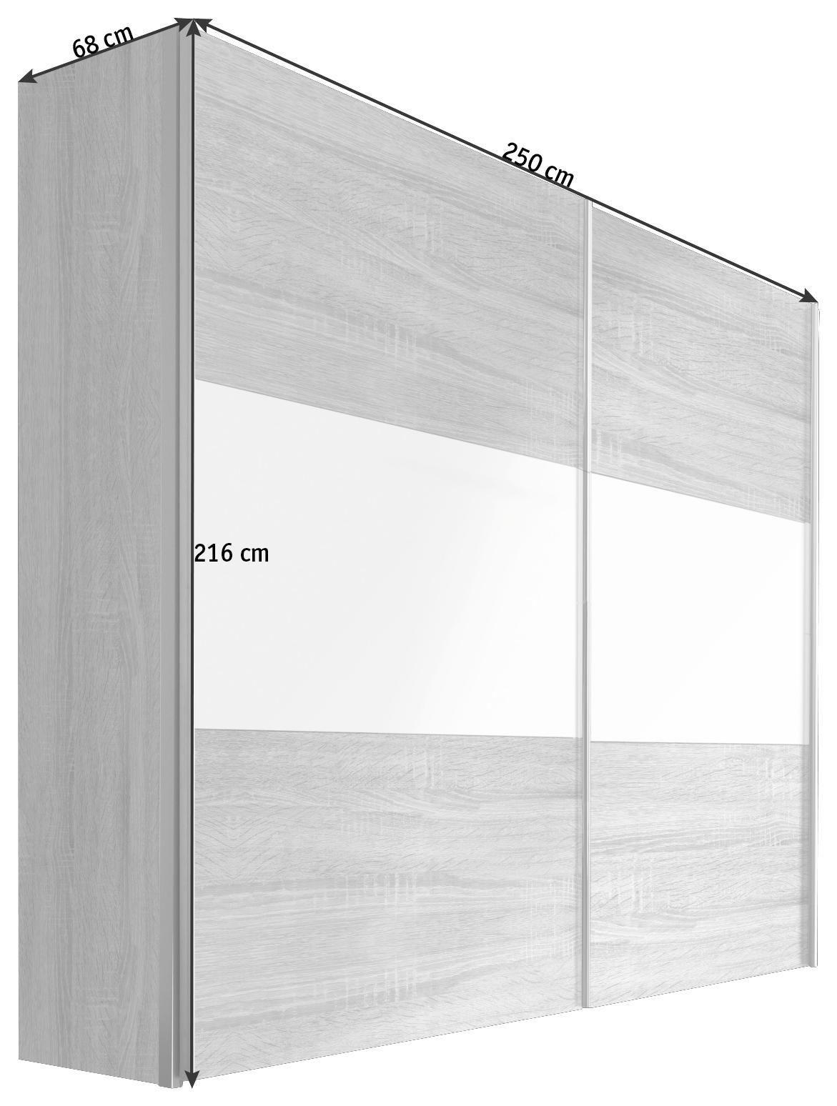 SCHWEBETÜRENSCHRANK  in Weiß, Eichefarben  - Eichefarben/Alufarben, Design, Glas/Holzwerkstoff (250/216/68cm) - Hom`in
