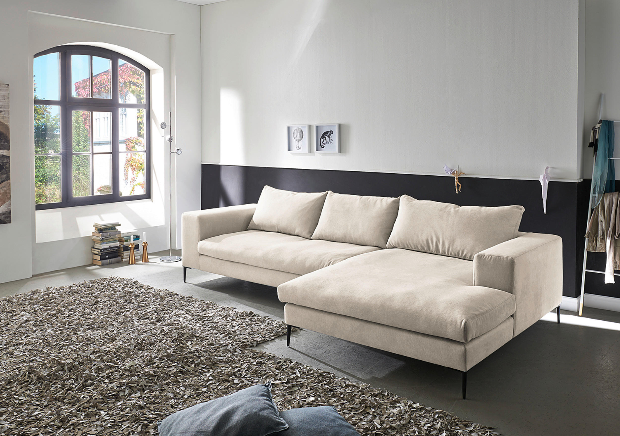 ECKSOFA in Webstoff Beige  - Beige/Schwarz, Design, Textil/Metall (275/170cm) - Trendmanufaktur