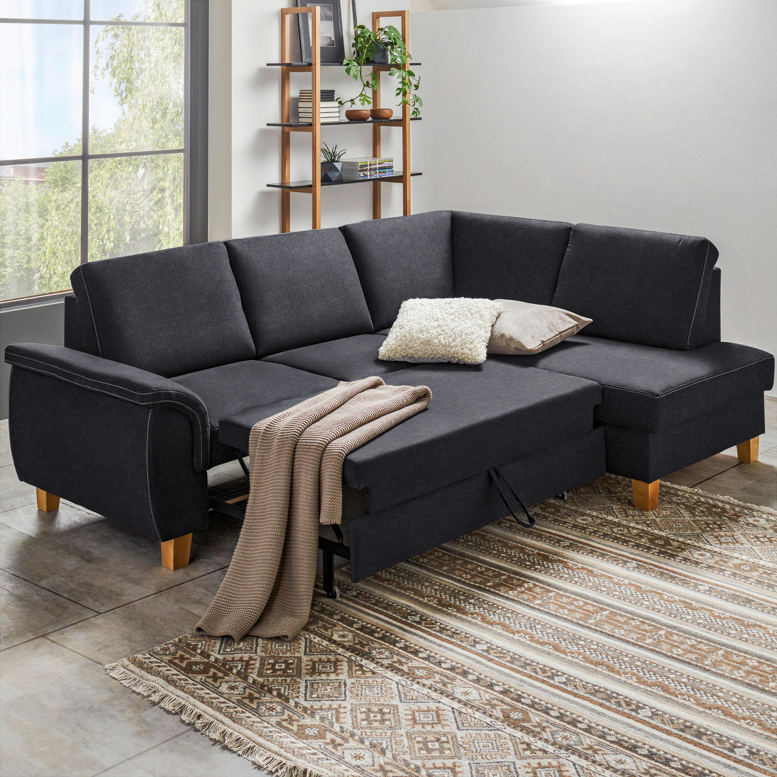 Thumbnail - Cantus Ecksofa, Anthrazit, Textil, Eiche, Uni, 4-Sitzer, Ottomane rechts, L-Form, 253x185 cm, Stoffauswahl, seitenverkeh...
