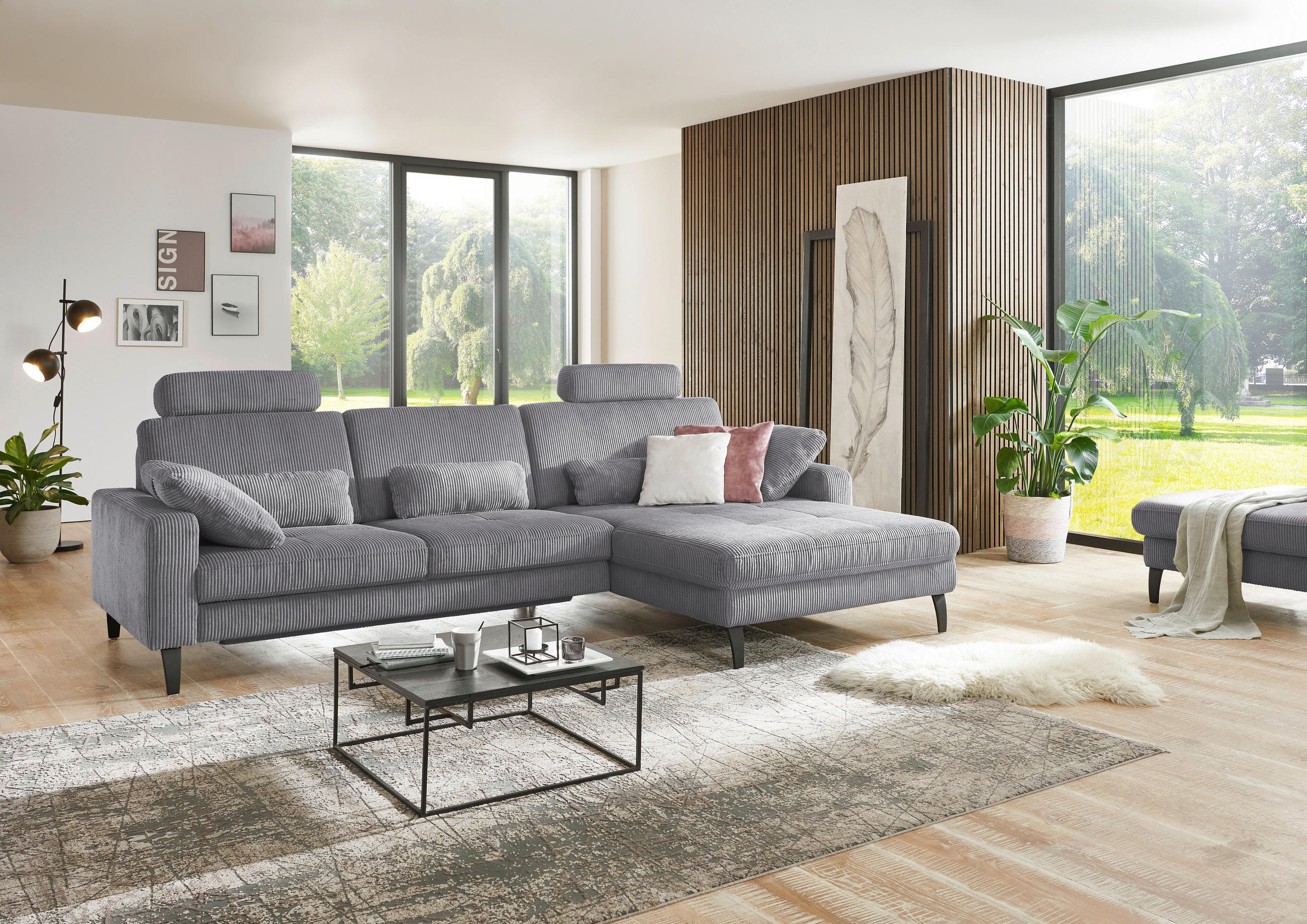 ECKSOFA in Cord Anthrazit  - Anthrazit/Schwarz, Modern, Textil/Metall (302/177cm) - Beldomo Style