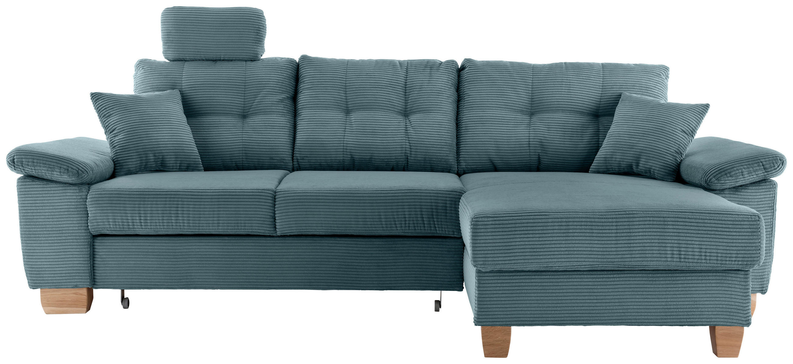 ECKSOFA Petrol Cord Bettkasten, Schlaffunktion, Sitztiefenverstellung, Kopfstütze, Liegefläche im Originalstoff  - Petrol/Naturfarben, MODERN, Holz/Textil (270/176cm) - Livetastic