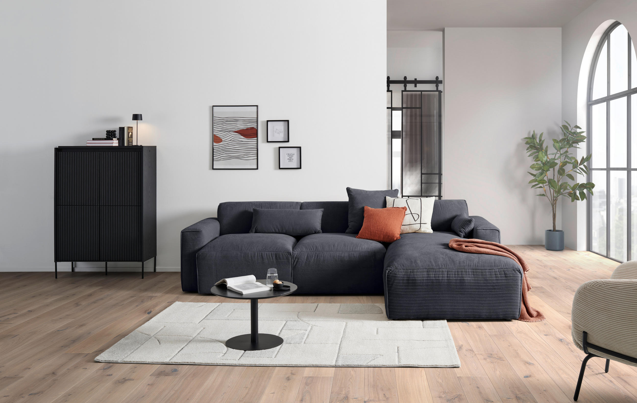 ECKSOFA in Cord Graphitfarben  303/196 cm  - Schwarz/Graphitfarben, Design, Kunststoff/Textil (303/196cm) - Livetastic