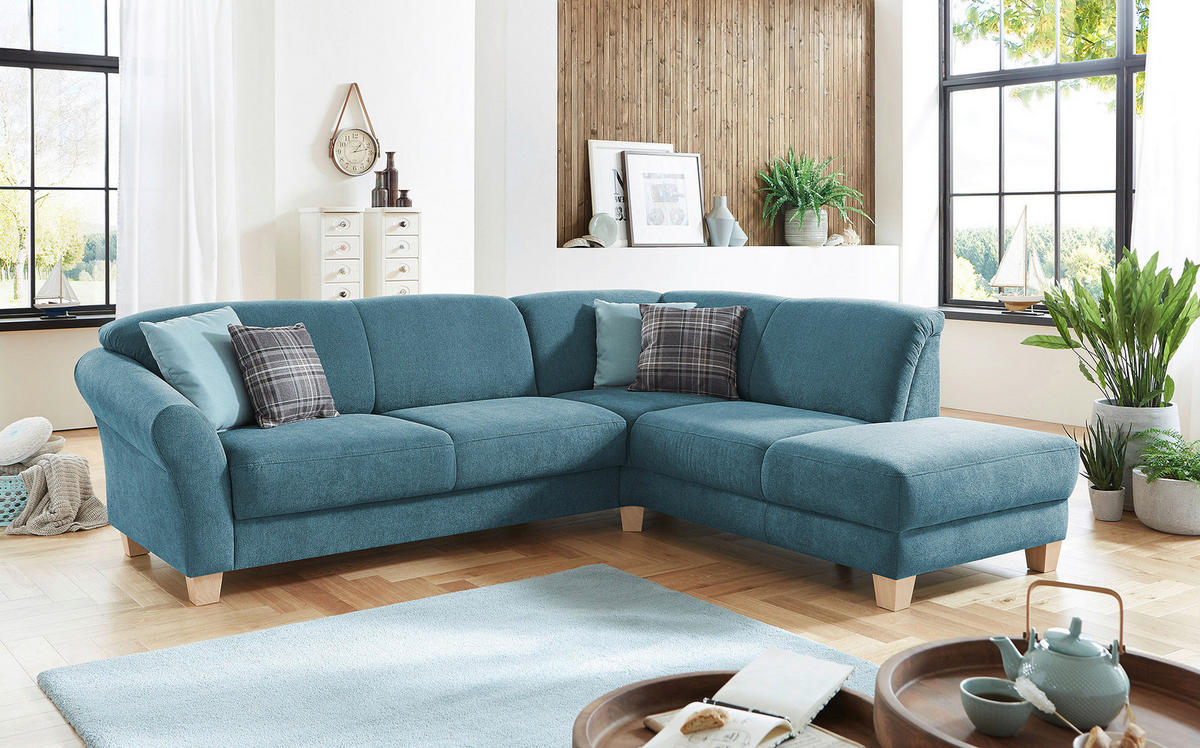 ECKSOFA Petrol Flachgewebe  - Petrol/Naturfarben, KONVENTIONELL, Holz/Textil (257/212cm) - Sit & More