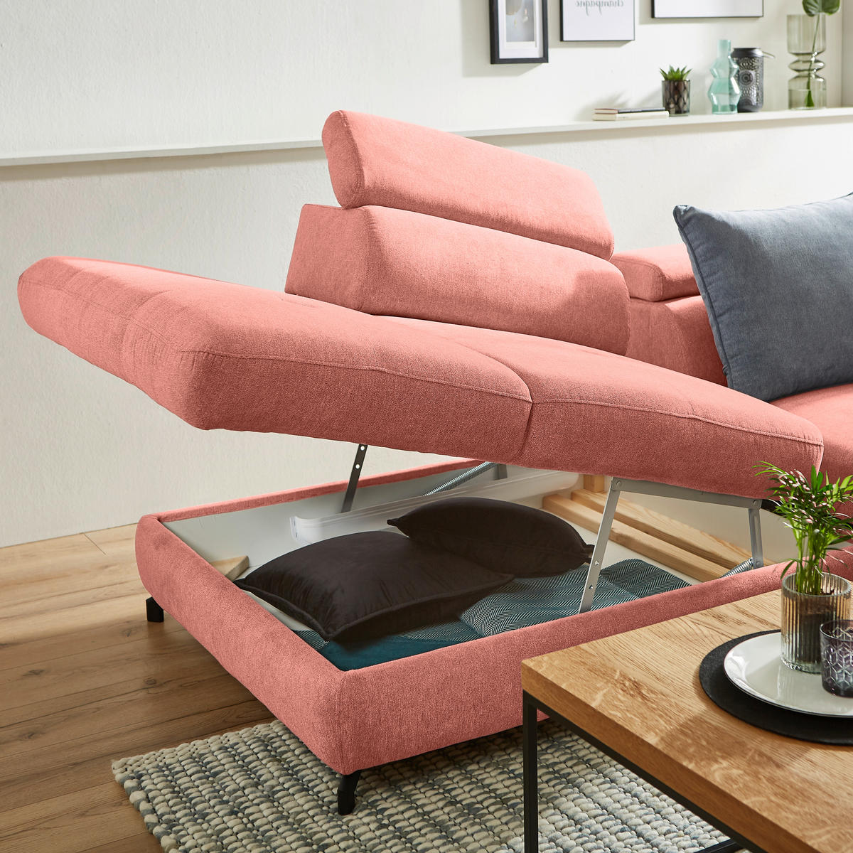 ECKSOFA inkl. Funktion Koralle Webstoff  - Koralle/Schwarz, Design, Textil/Metall (237/277cm) - Stylife