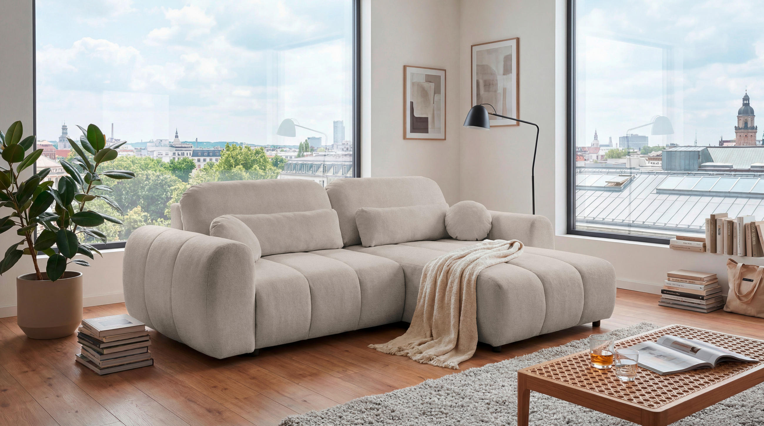ECKSOFA Webstoff Beige  - Beige/Schwarz, Design, Kunststoff/Textil (260/192cm) - MID.YOU