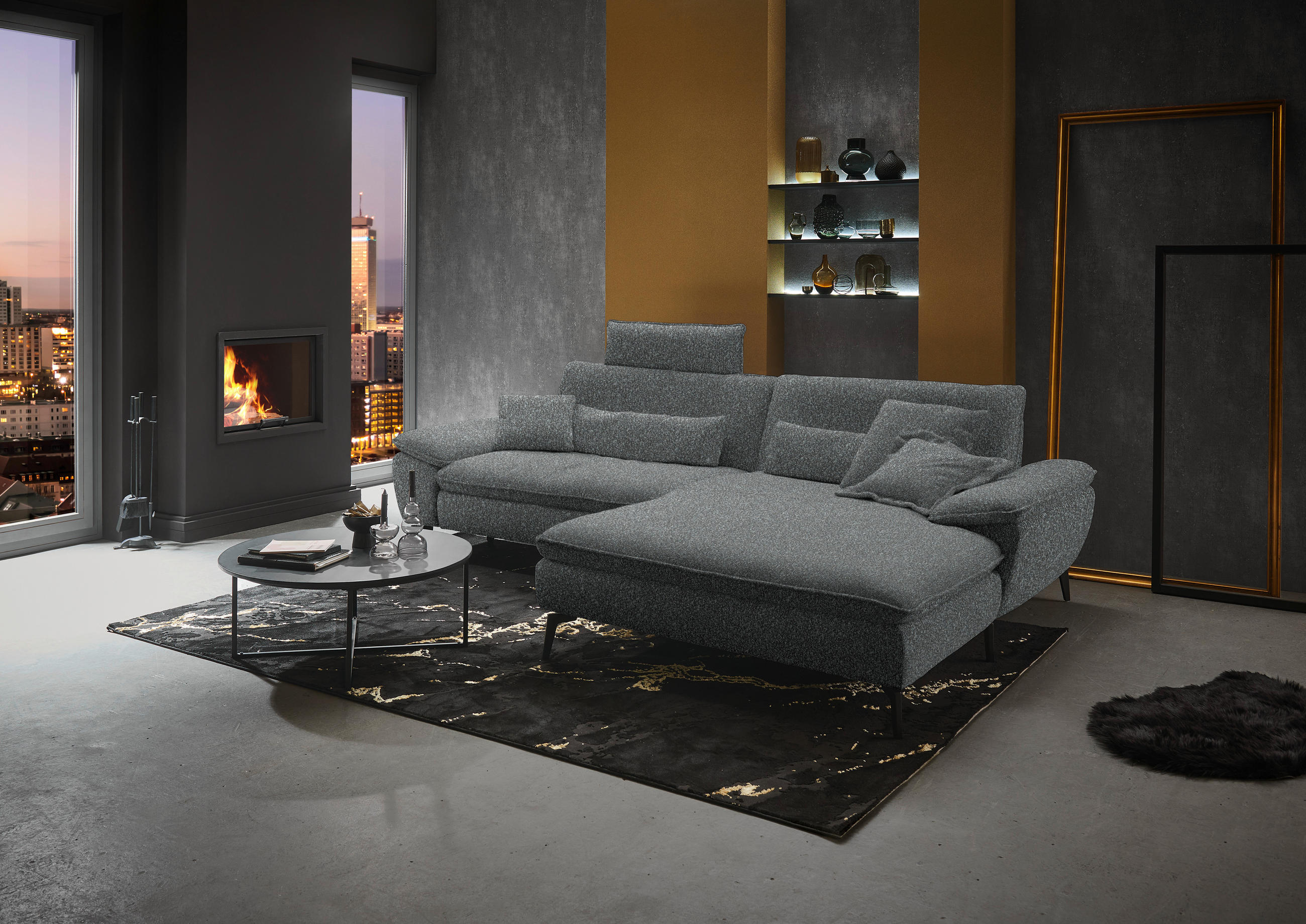 ECKSOFA in Webstoff Anthrazit  - Anthrazit/Schwarz, Design, Textil/Metall (295/197cm) - Valdera
