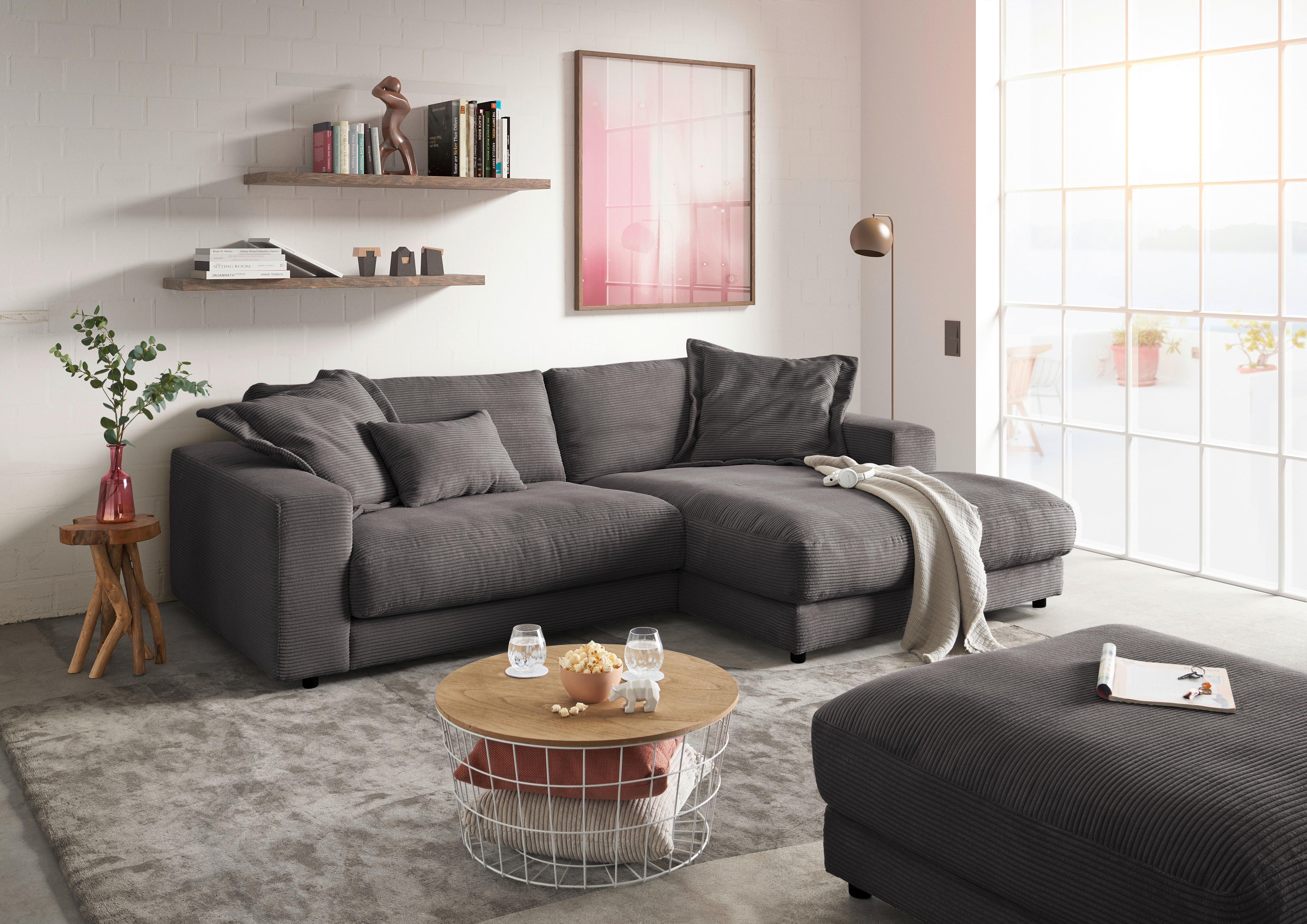 ECKSOFA Grau Cord  - Schwarz/Grau, Design, Kunststoff/Textil (250/190cm) - Pure Home Lifestyle