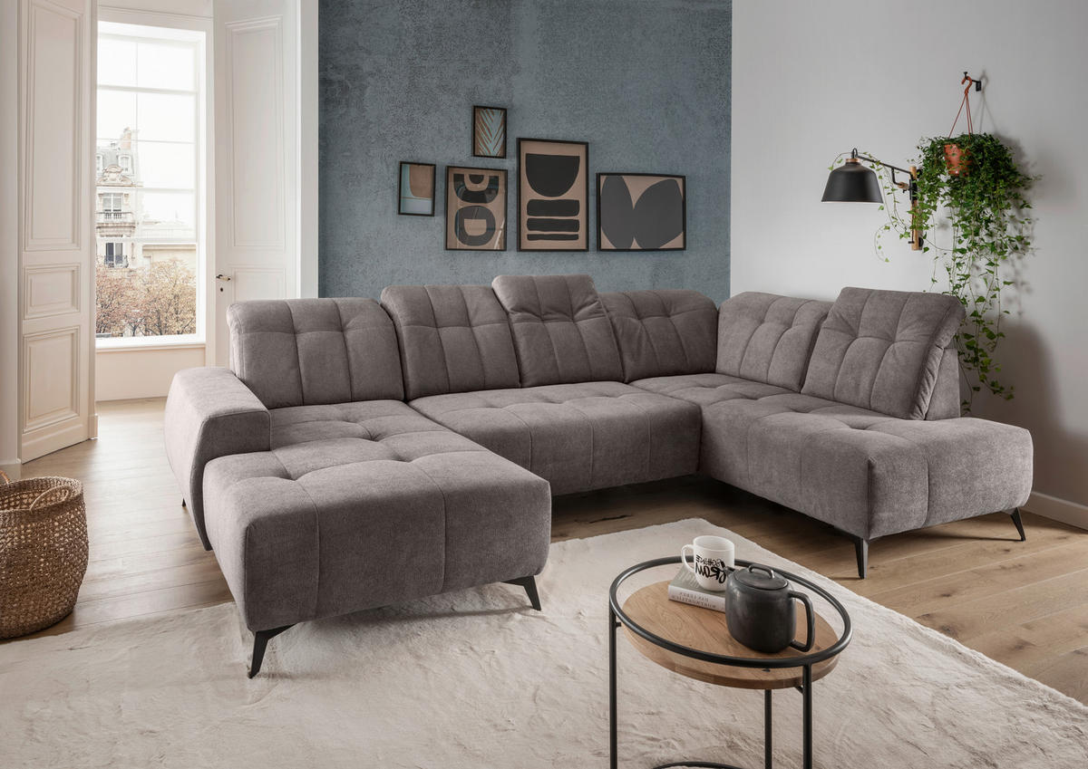 WOHNLANDSCHAFT SANO Graubraun Chenille  - Graubraun/Schwarz, MODERN, Textil/Metall (200/337/180cm) - Livetastic