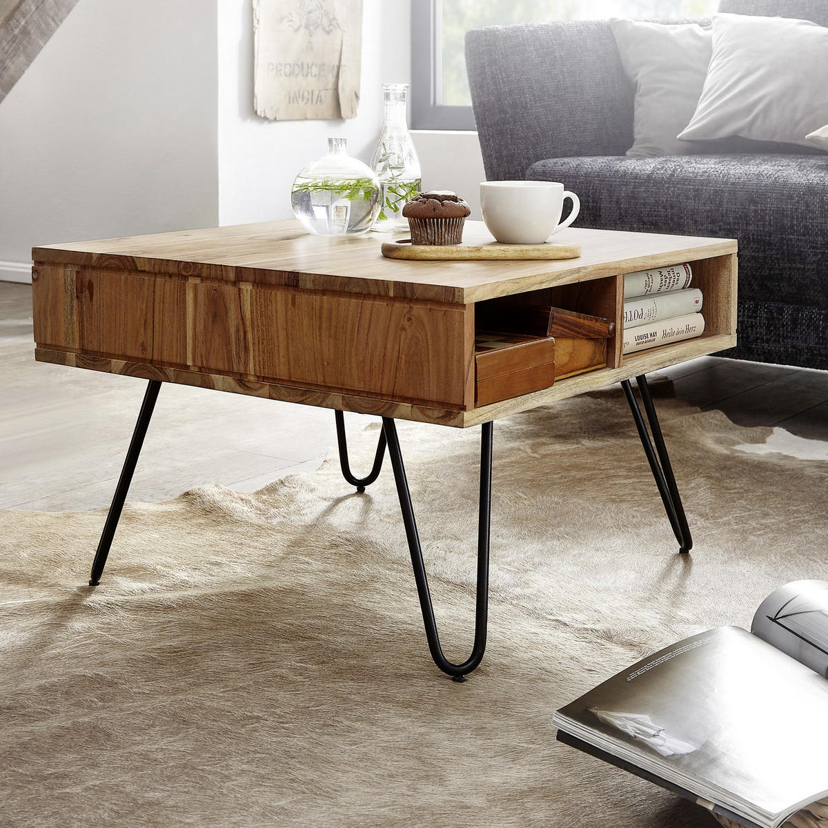 COUCHTISCH in Holz 60/60/40 cm  - Schwarz/Akaziefarben, Modern, Holz/Metall (60/60/40cm) - MID.YOU
