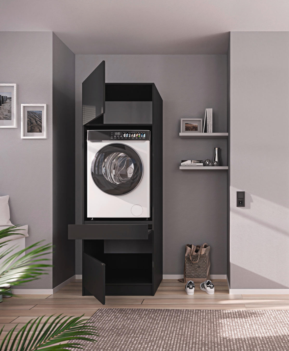 WASCHMASCHINENSCHRANK  68/200/68 cm  - Anthrazit/Schwarz, Design, Holzwerkstoff/Metall (68/200/68cm) - Milino