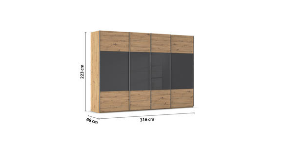 SCHWEBETÜRENSCHRANK  in Schwarz, Eiche Artisan  - Chromfarben/Schwarz, KONVENTIONELL, Glas/Holzwerkstoff (316/223/68cm) - Novel